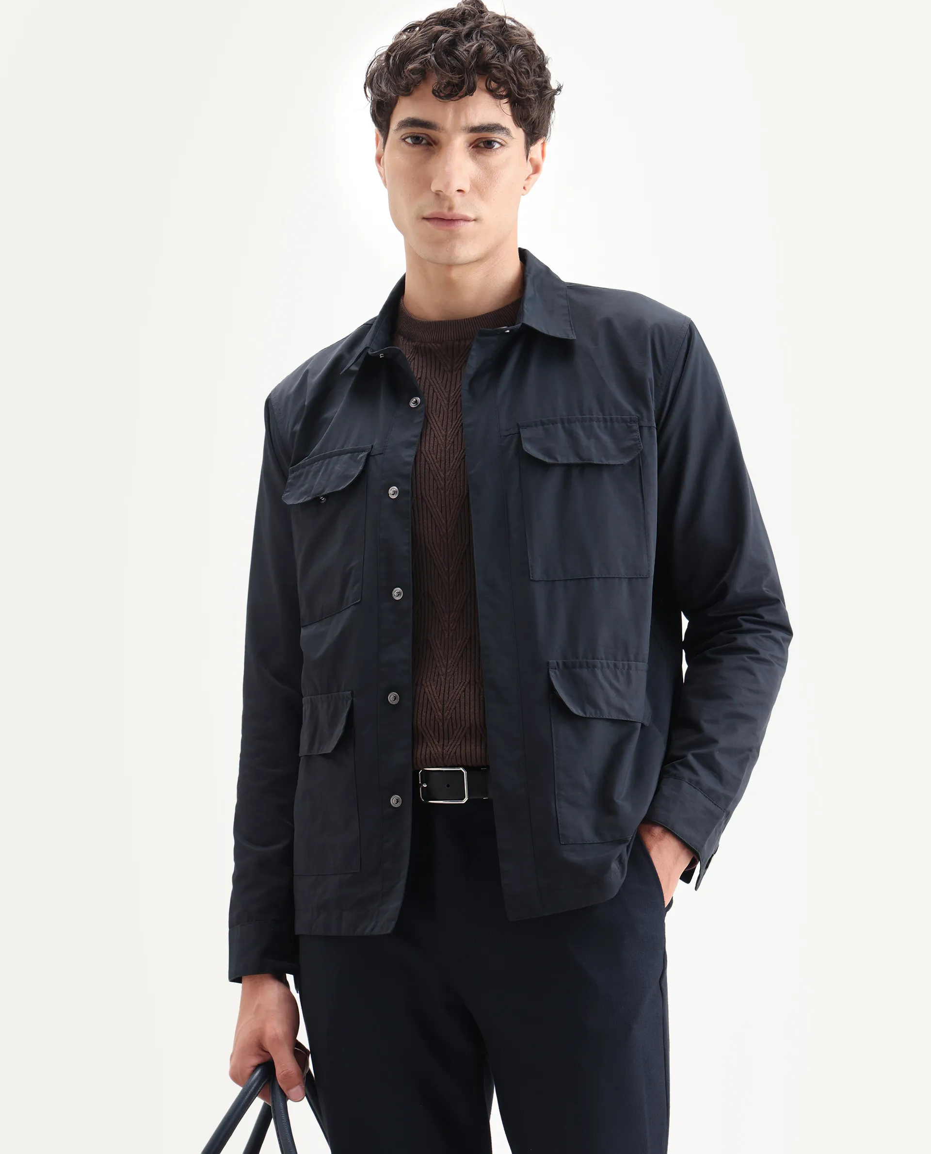 Rare Rabbit Men's Feliu Navy Cotton Plain Regular Fit Full Sleeve Spread Collar Jacket