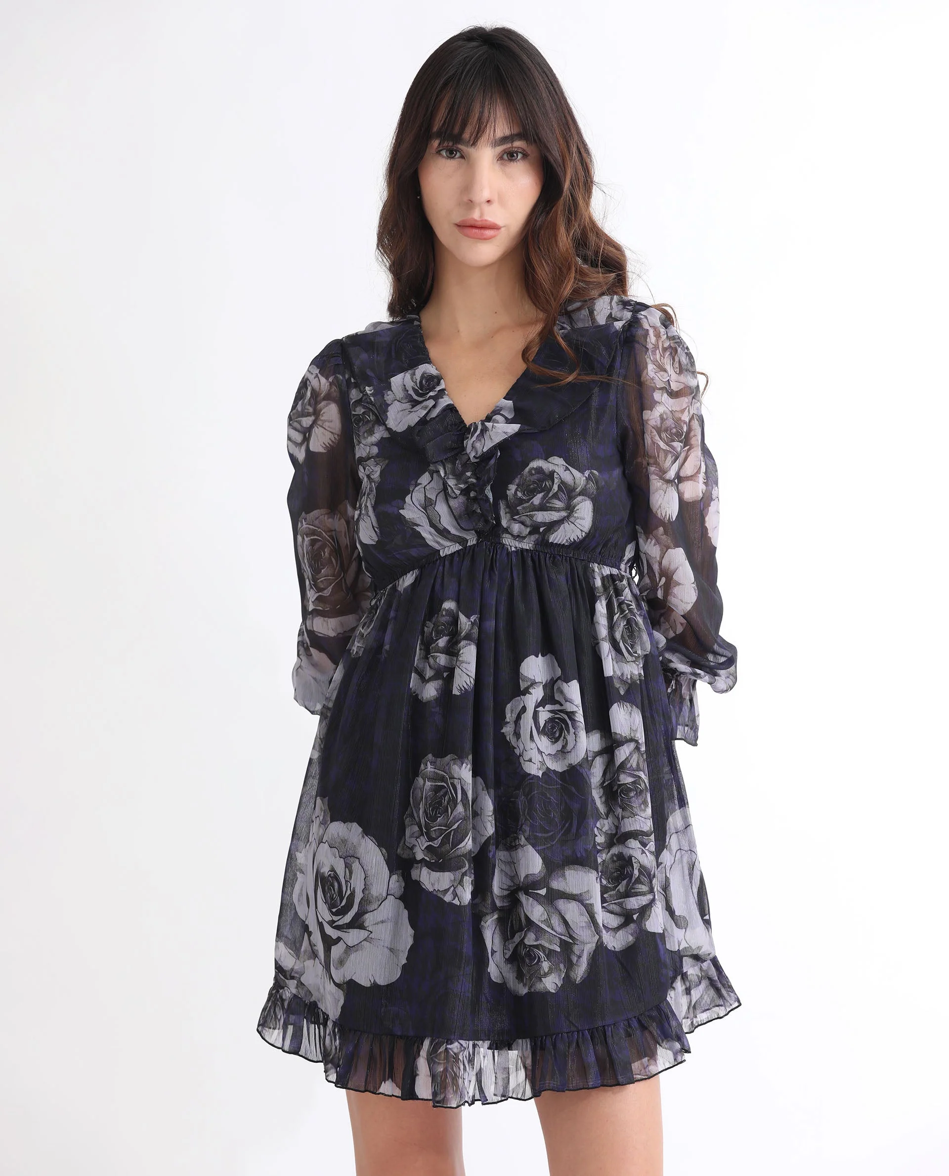 Rareism Women's Fente Dark Purple Polyester V-Neck Floral Print Balloon Sleeve Mini Relaxed Fit Dress