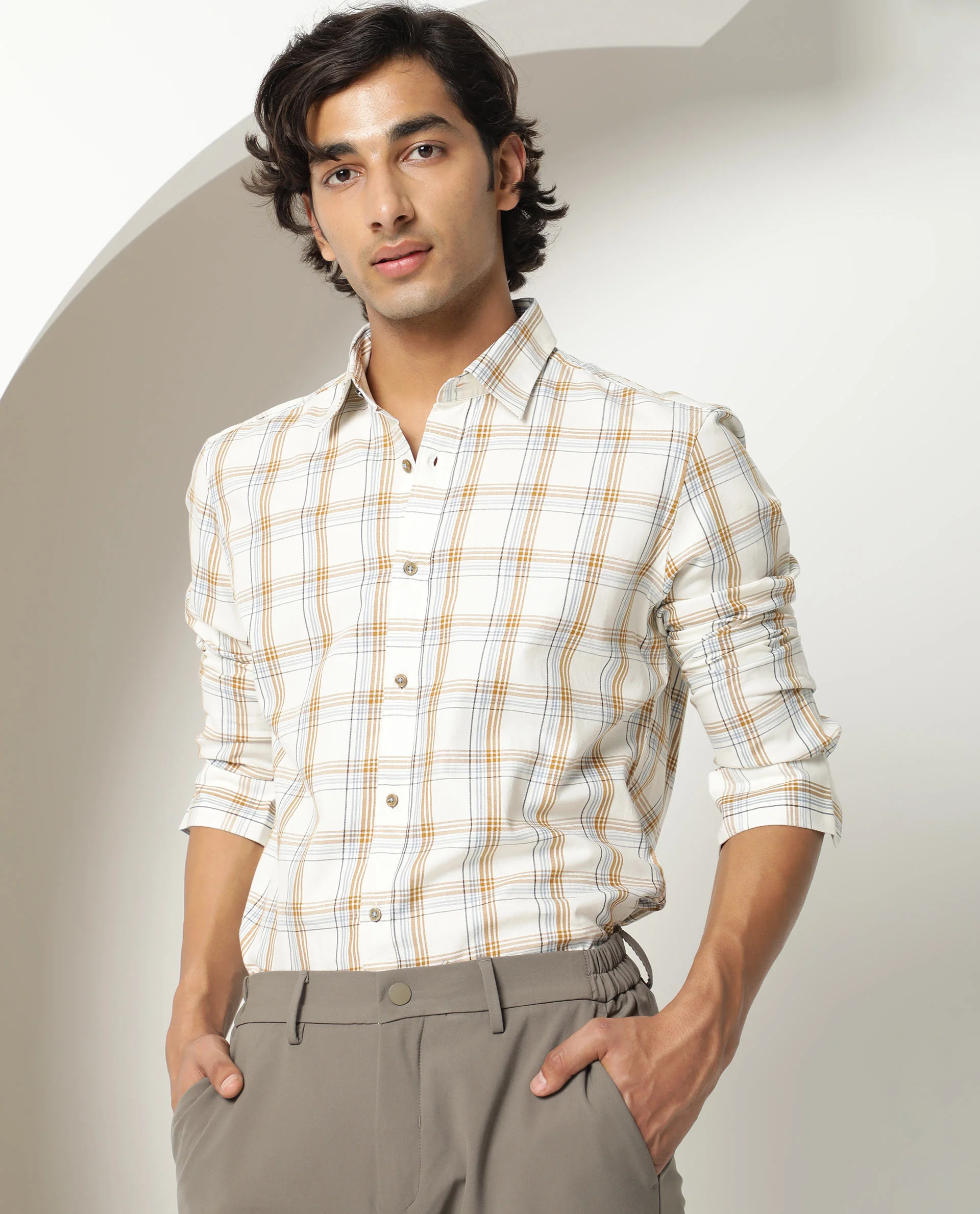 Rare Rabbit Men's Fernie Mustard Cotton Checked Print Regular Fit Full Sleeve Collared Shirt