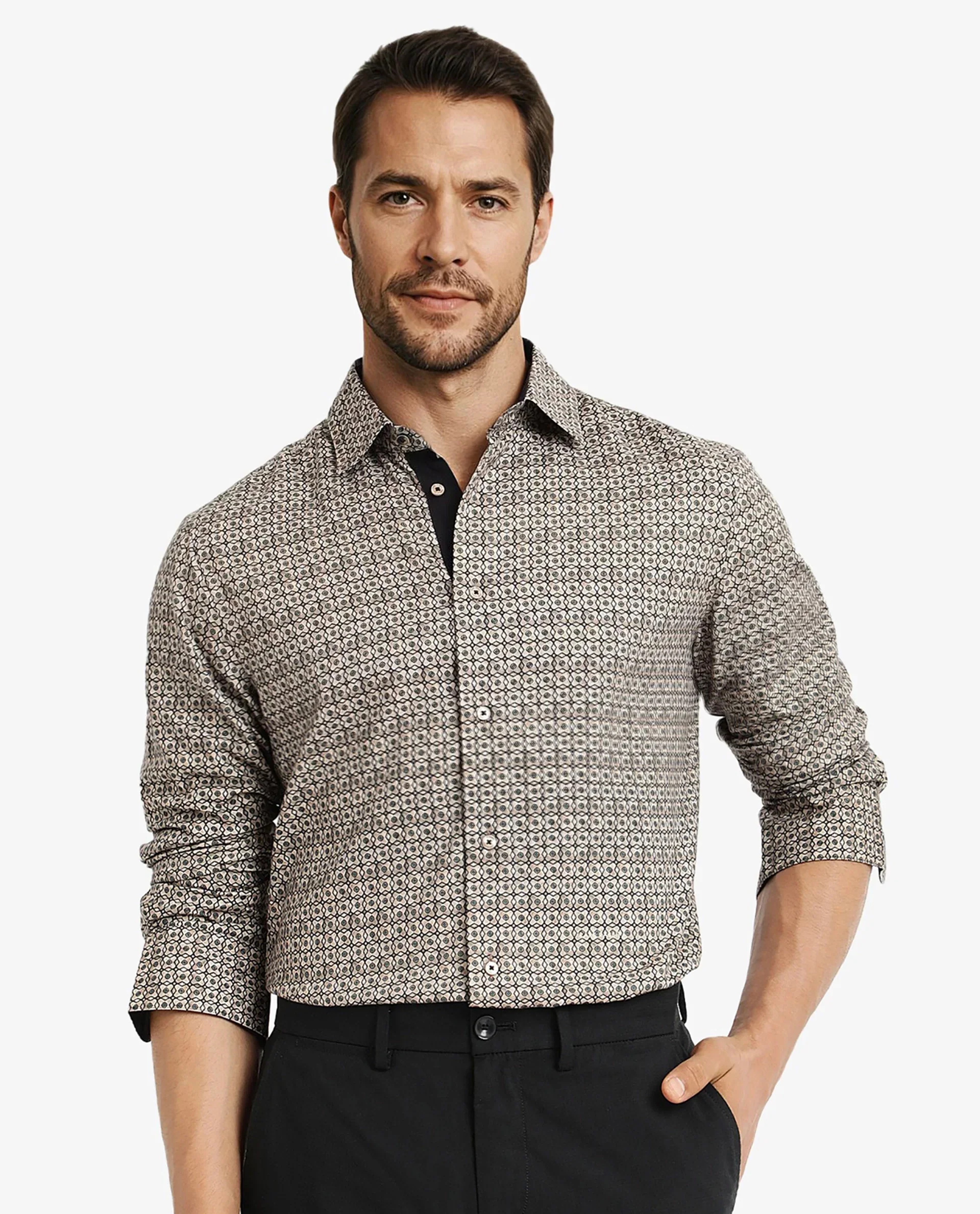 Rare Rabbit Men's Fich Beige Cotton Blend Geometric Print Regular Fit Full Sleeve Collared Shirt