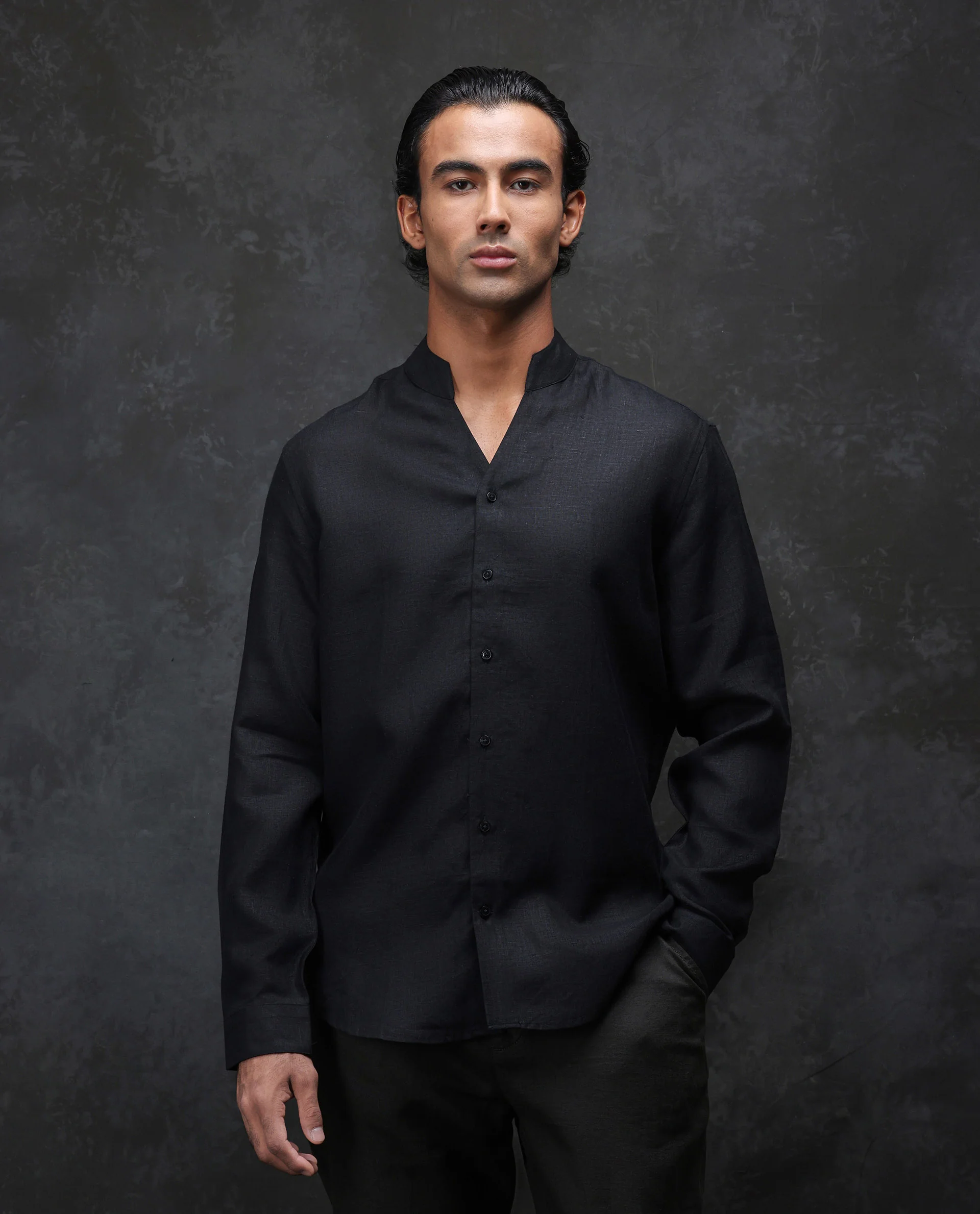 Rare Rabbit Men's Fig Black 100% Linen Plain Regular Fit Full Sleeve Mandarin Collar Shirt