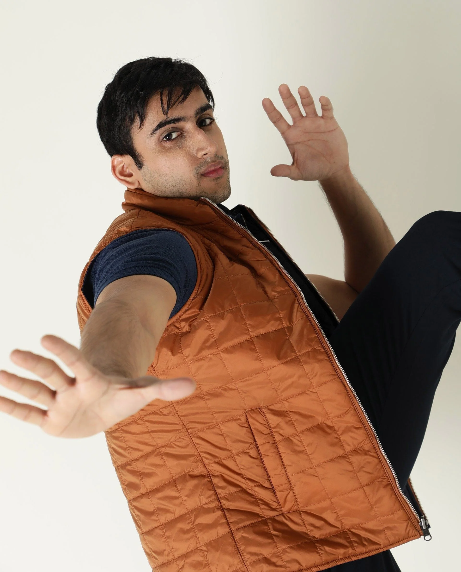 Rare Rabbit Men's Fillex Orange Nylon Plain Regular Fit Sleeveless Mandarin Collar Jacket - Image 6