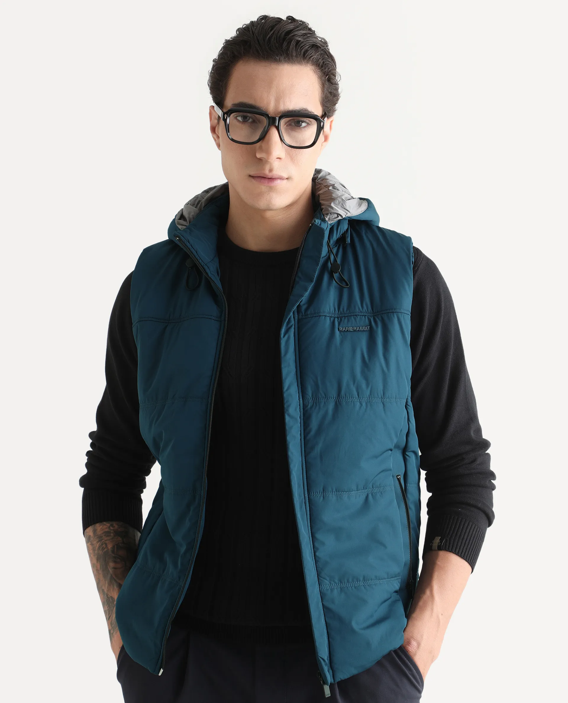 Rare Rabbit Men's Filly Blue Nylon Plain Regular Fit Sleeveless Hooded Jacket