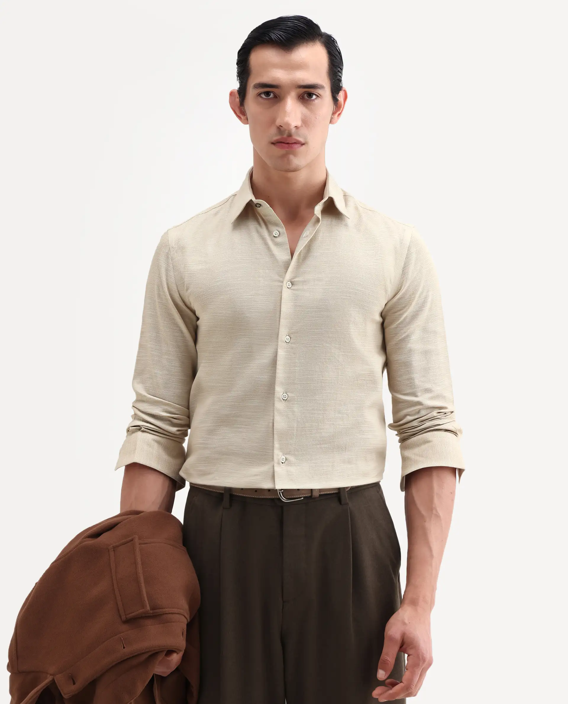 Rare Rabbit Men's Filo Light Grey Cotton Full Sleeve Spread Collar Regular Fit Plain Shirt