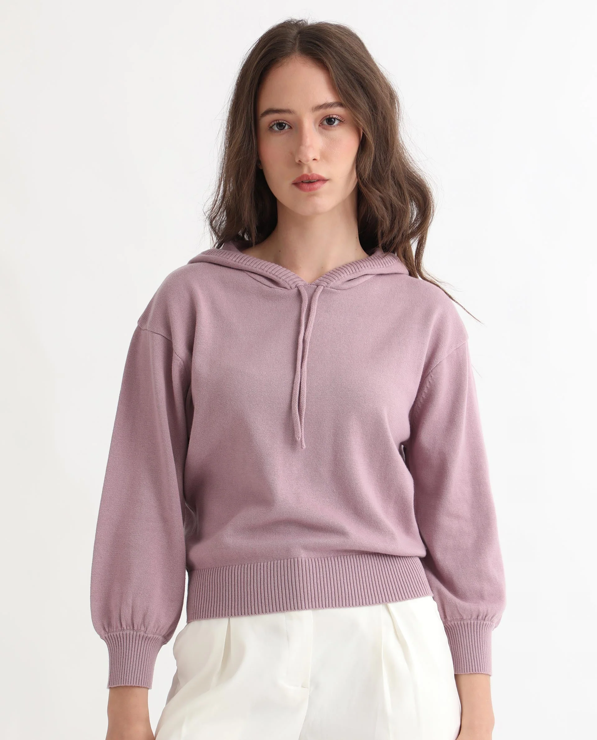 Rareism Women's Finn Sweat Pink Cotton Hooded Plain Relaxed Fit Sweater