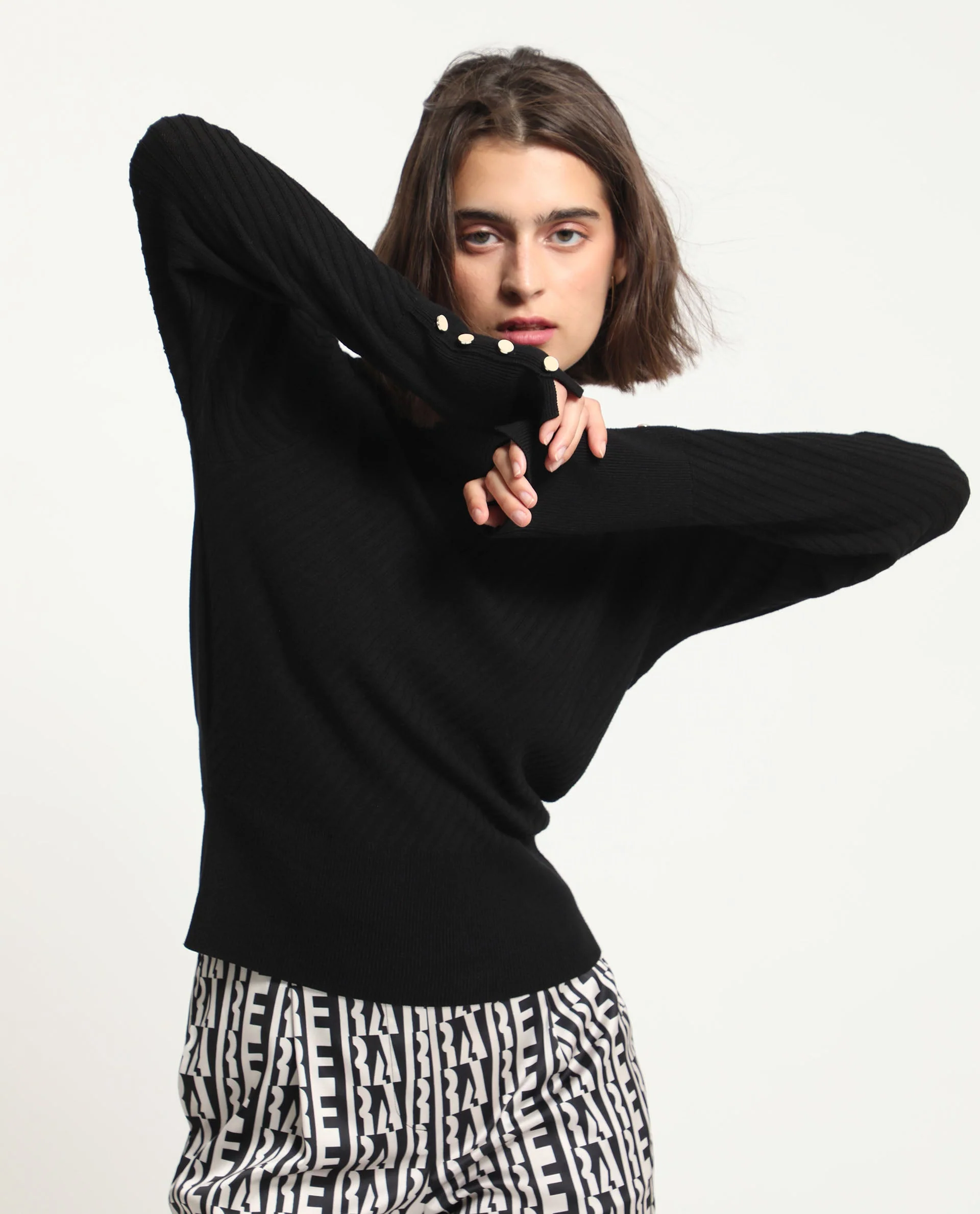 Rareism Women's Fischer Black Viscose High Neck Plain Regular Fit Sweater
