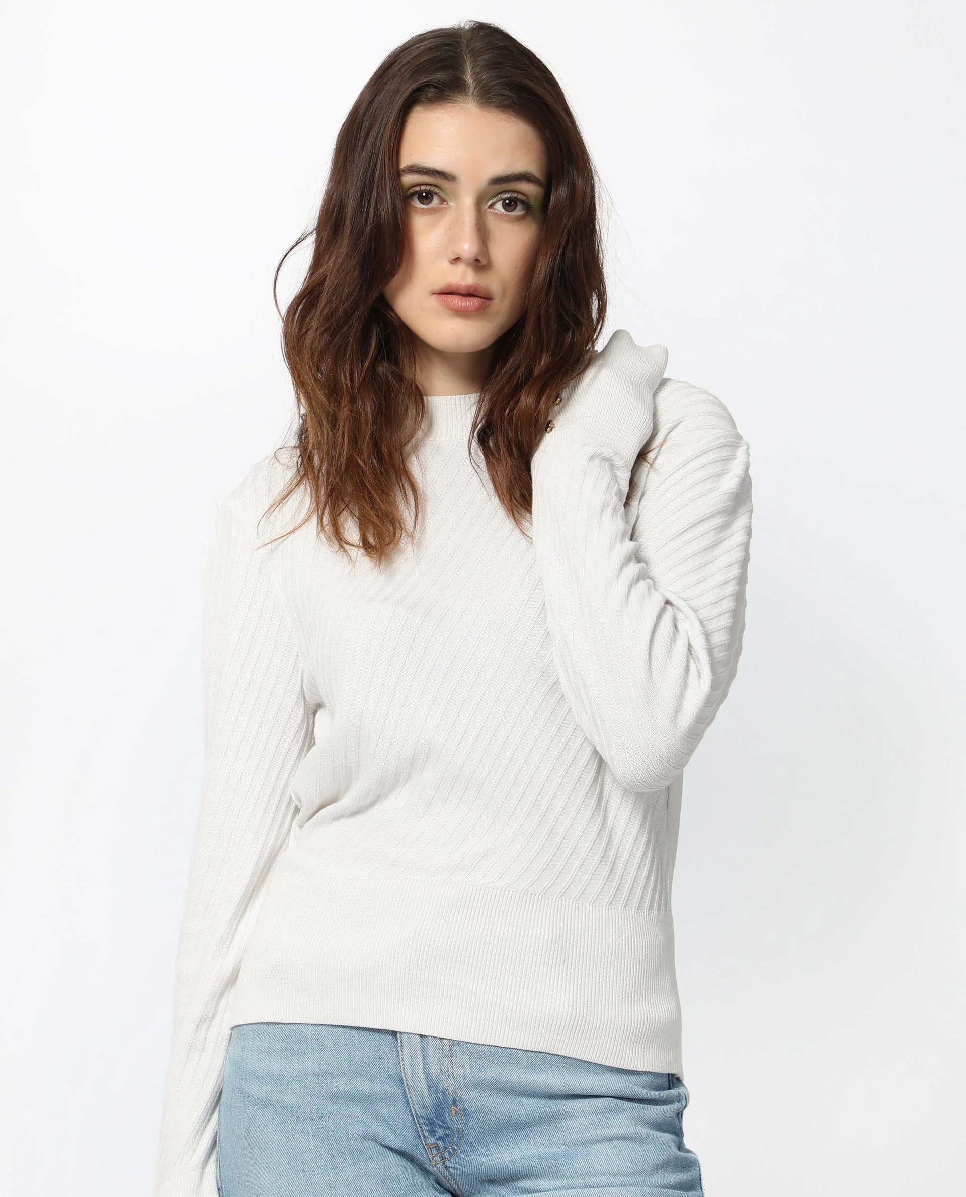 Rareism Women's Fischer White Viscose High Neck Plain Regular Fit Sweater