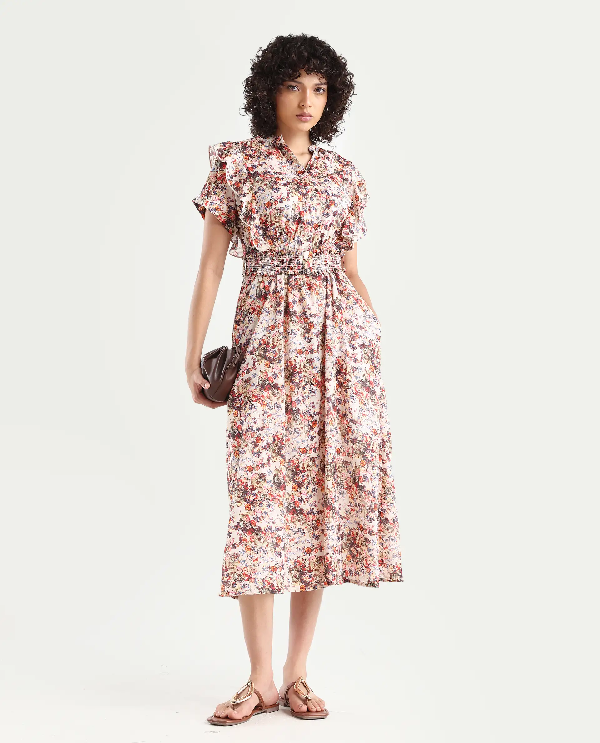 Rareism Women's Fisht Offwhite Cotton V-Neck Floral Print Ruffled Sleeve Midi Regular Fit Dress