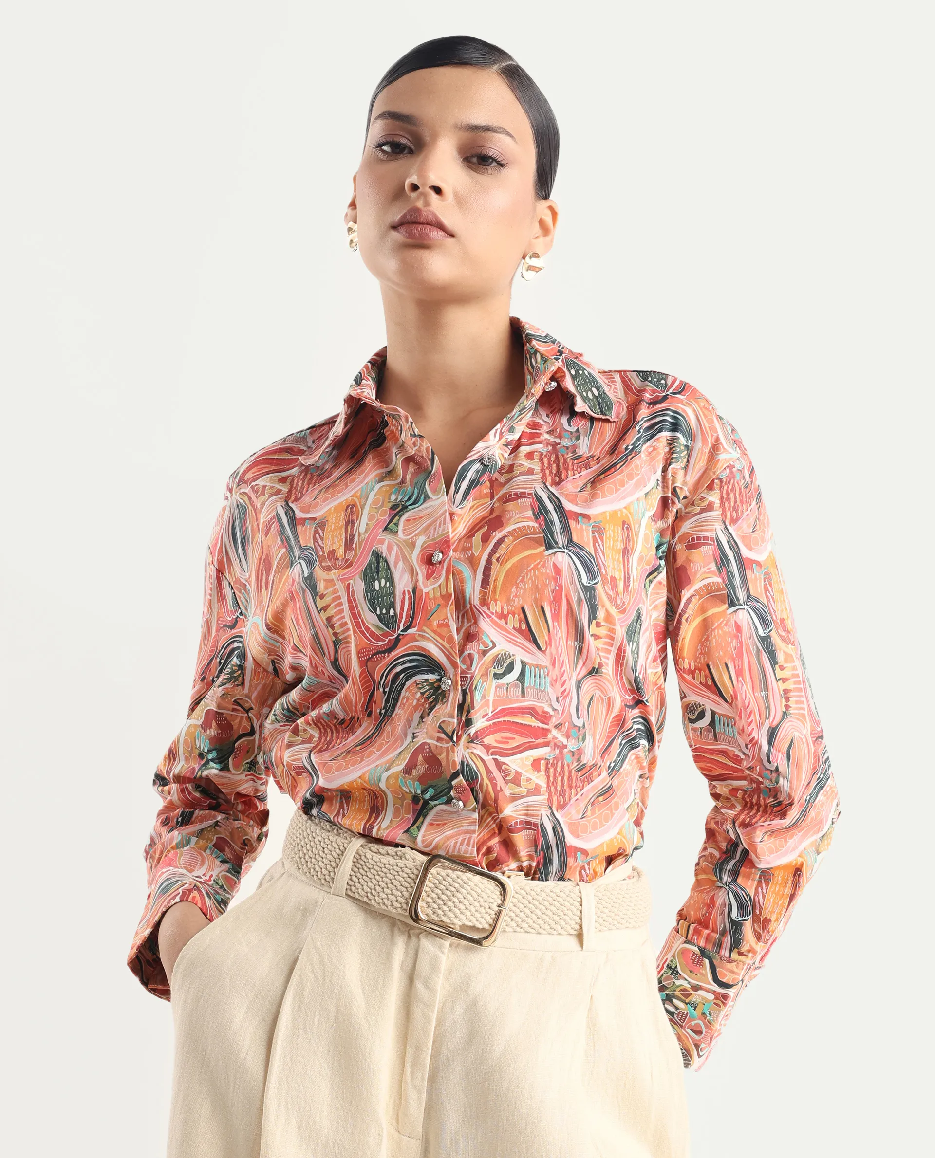 Rareism Women's Fitte Multi Cotton Drop Collar Abstract Print Cuffed Sleeve Regular Fit Shirt