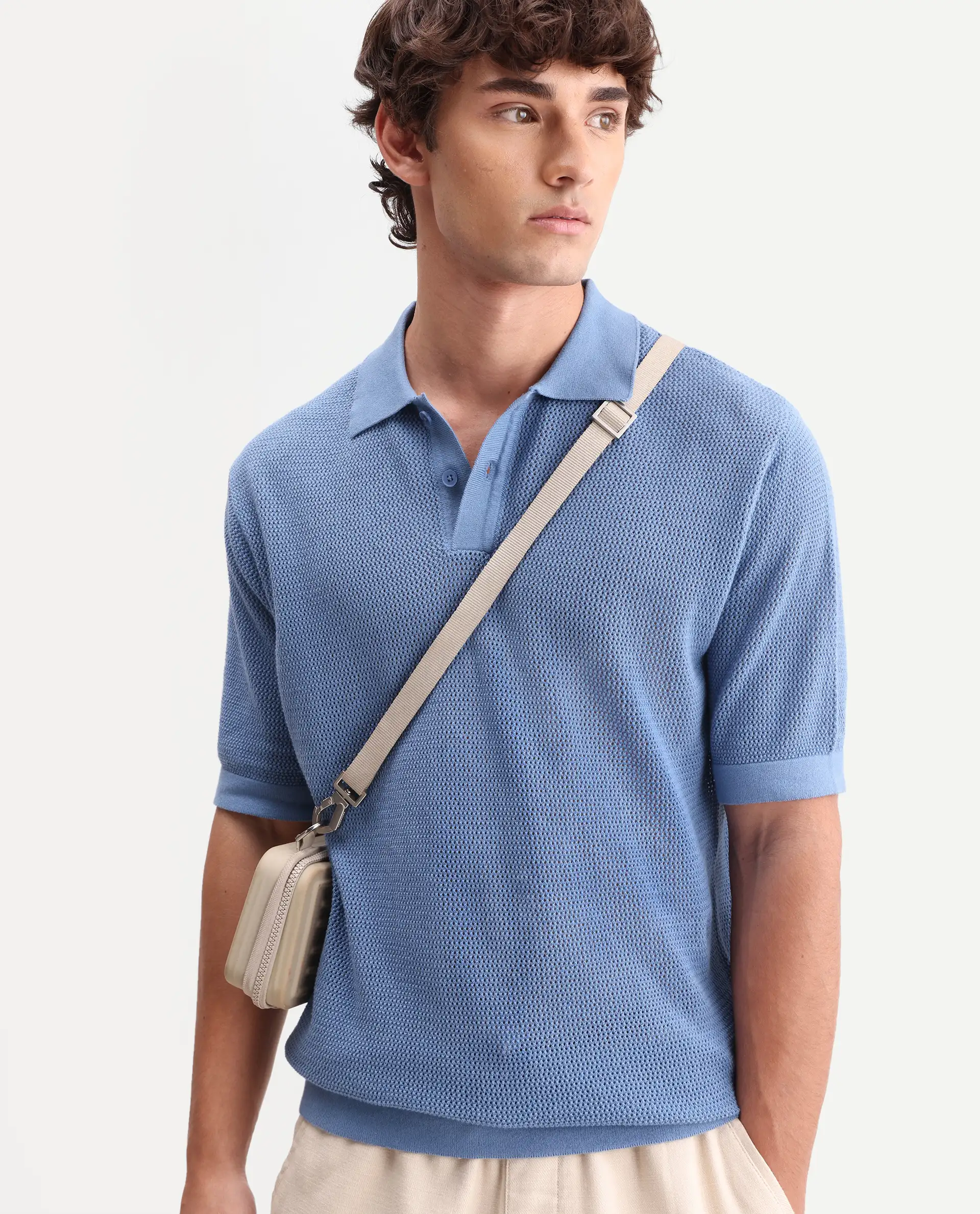Rare Rabbit Men's Flako Fluorescent Blue Cotton Fabric Half Sleeve Spread Collar Regular Plain Polo