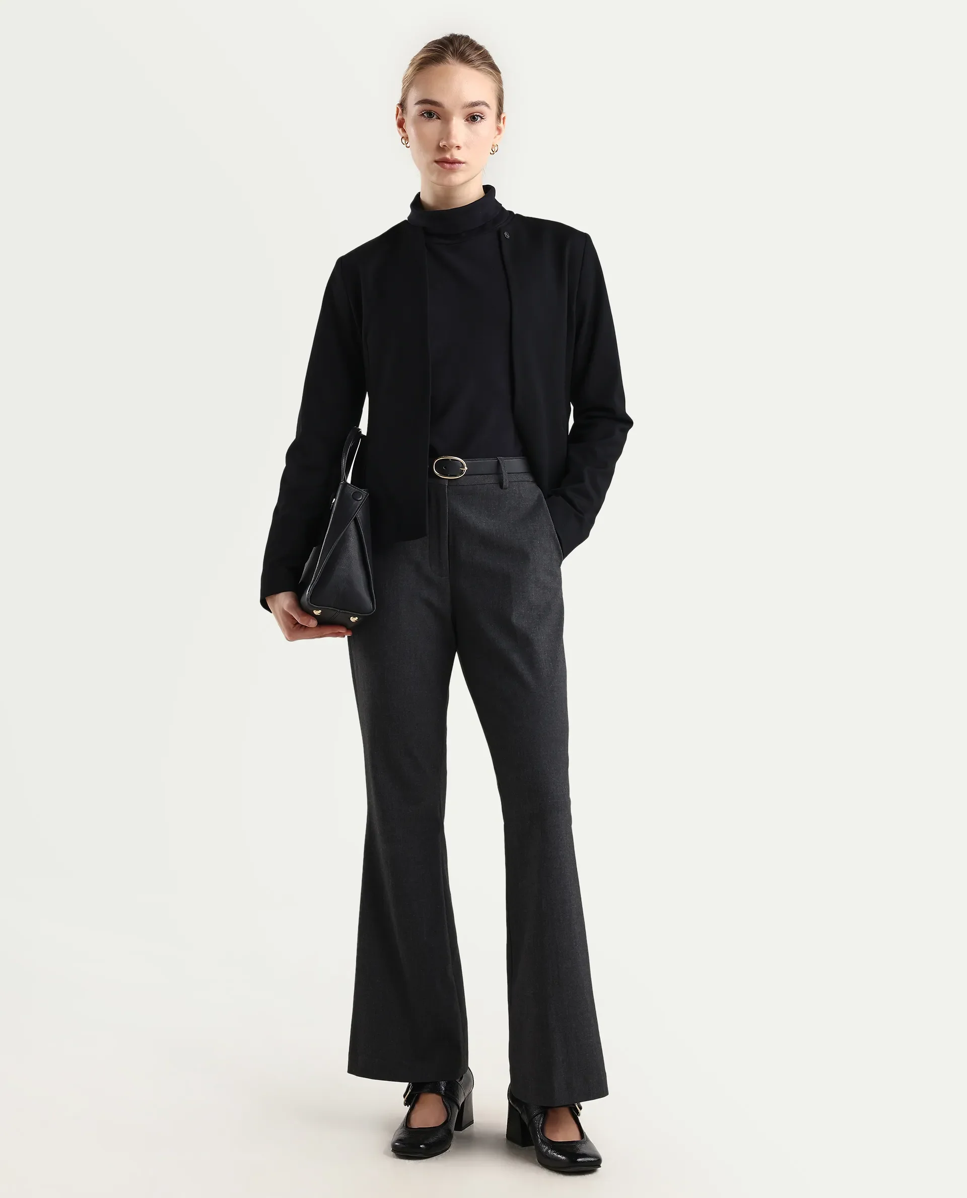 Rareism Women's Flare Grey Polyester Blend Bootcut Ankle Length Plain Travel Trouser