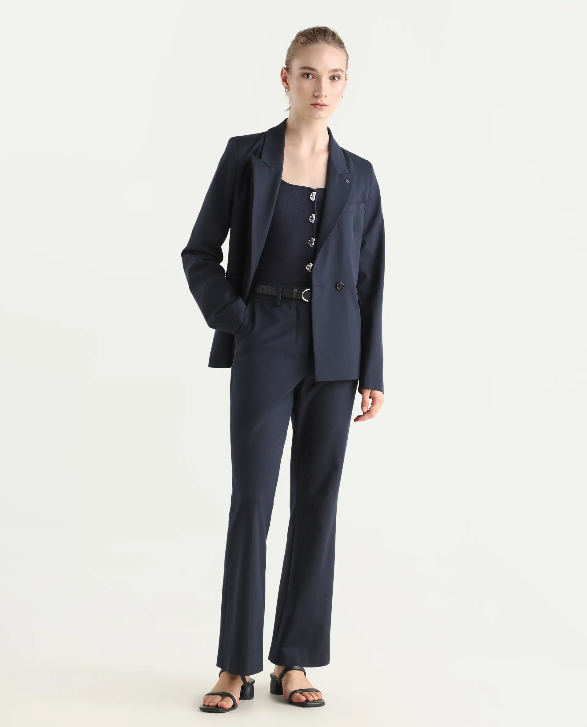 Rareism Women's Flare Navy Polyester Blend Bootcut Ankle Length Plain Travel Trouser