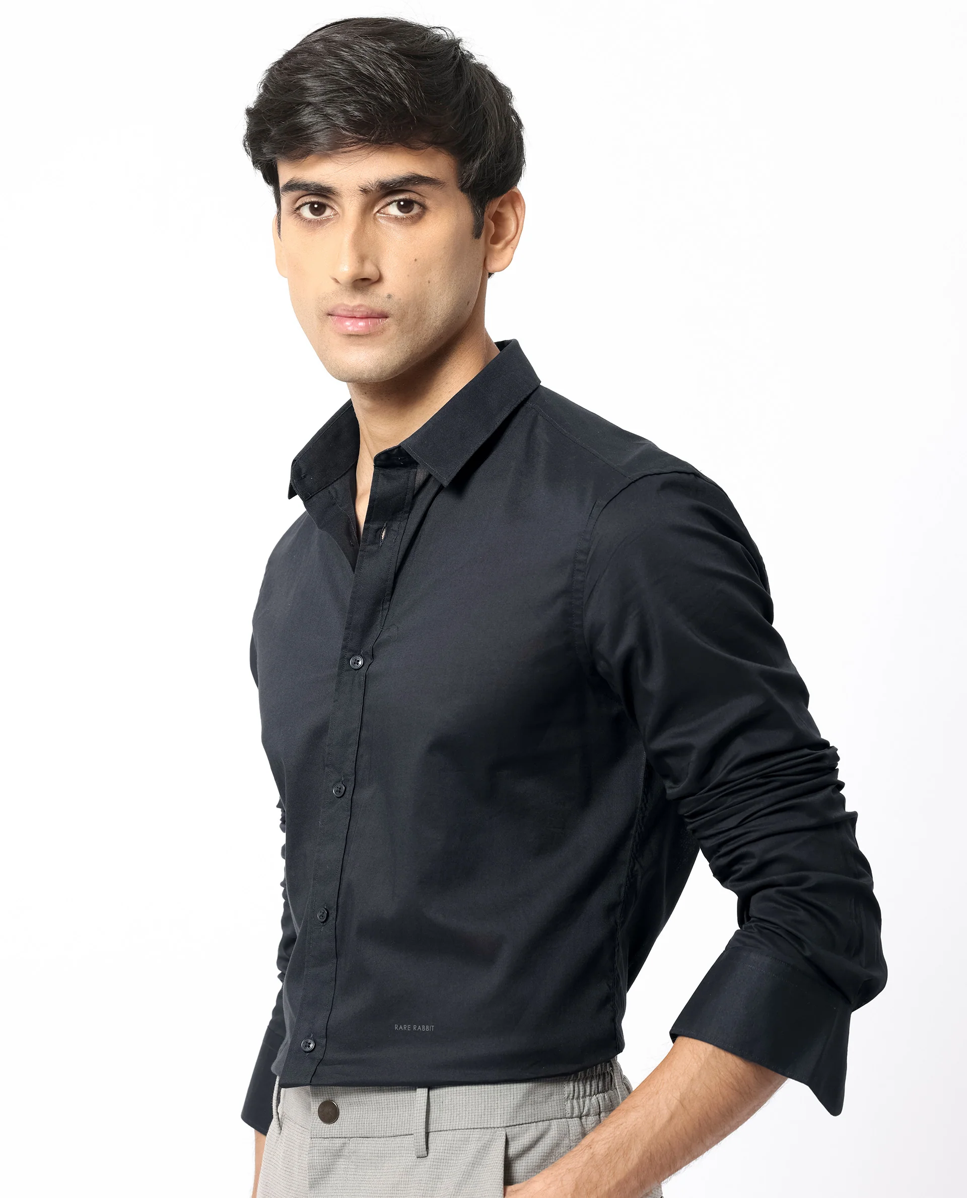 Rare Rabbit Men's Flees Black Cotton Plain Regular Fit Full Sleeve Collared Shirt - Image 3