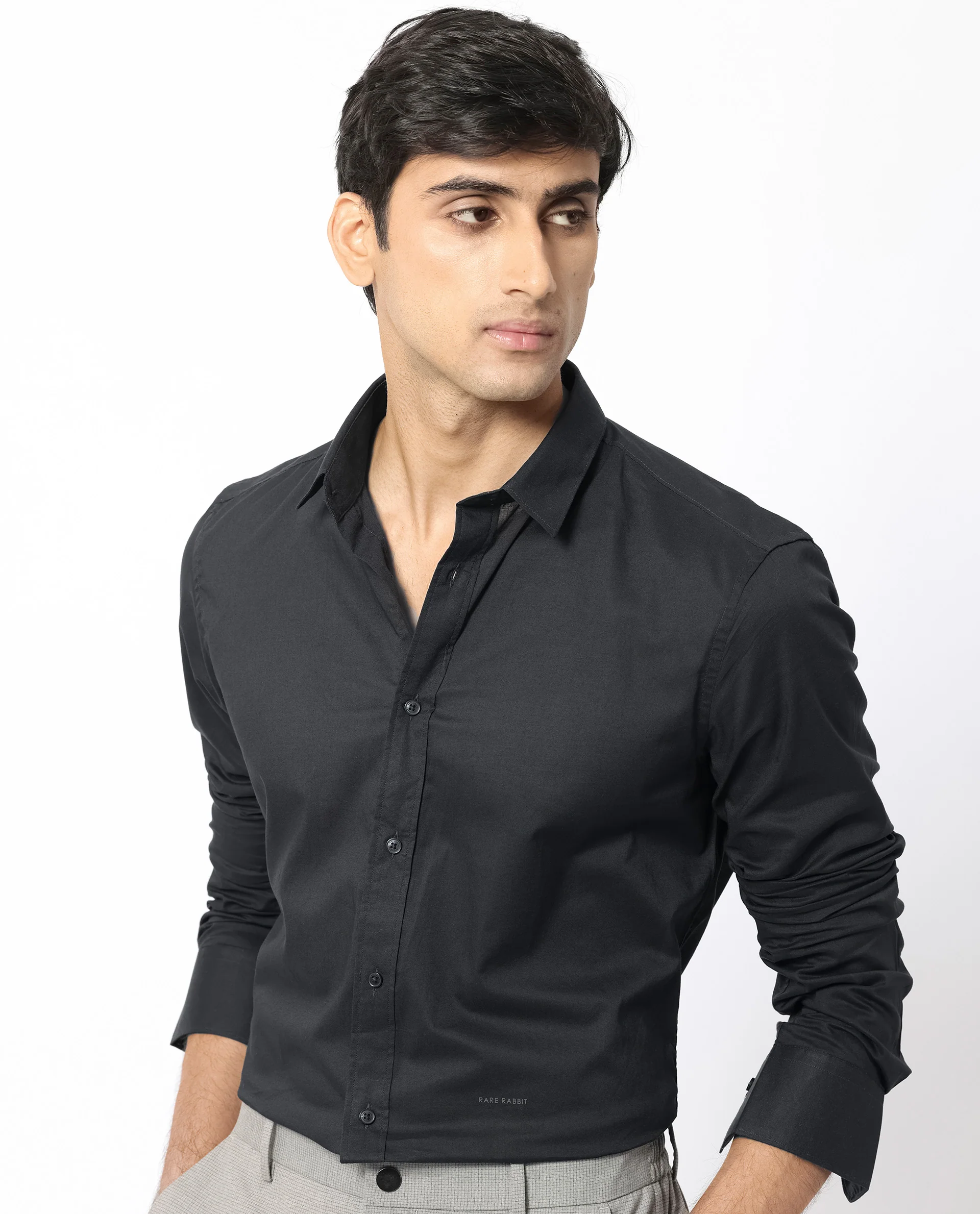 Rare Rabbit Men's Flees Black Cotton Plain Regular Fit Full Sleeve Collared Shirt - Image 7
