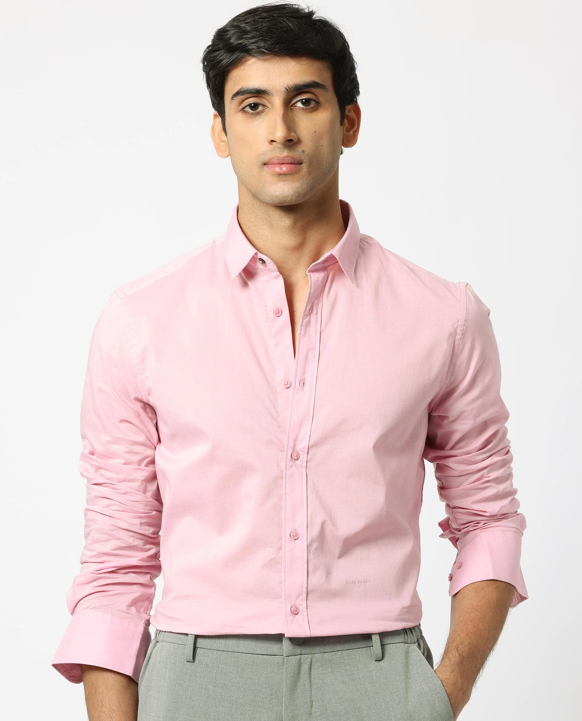 Rare Rabbit Men's Flees Pink Cotton Plain Regular Fit Full Sleeve Collared Shirt