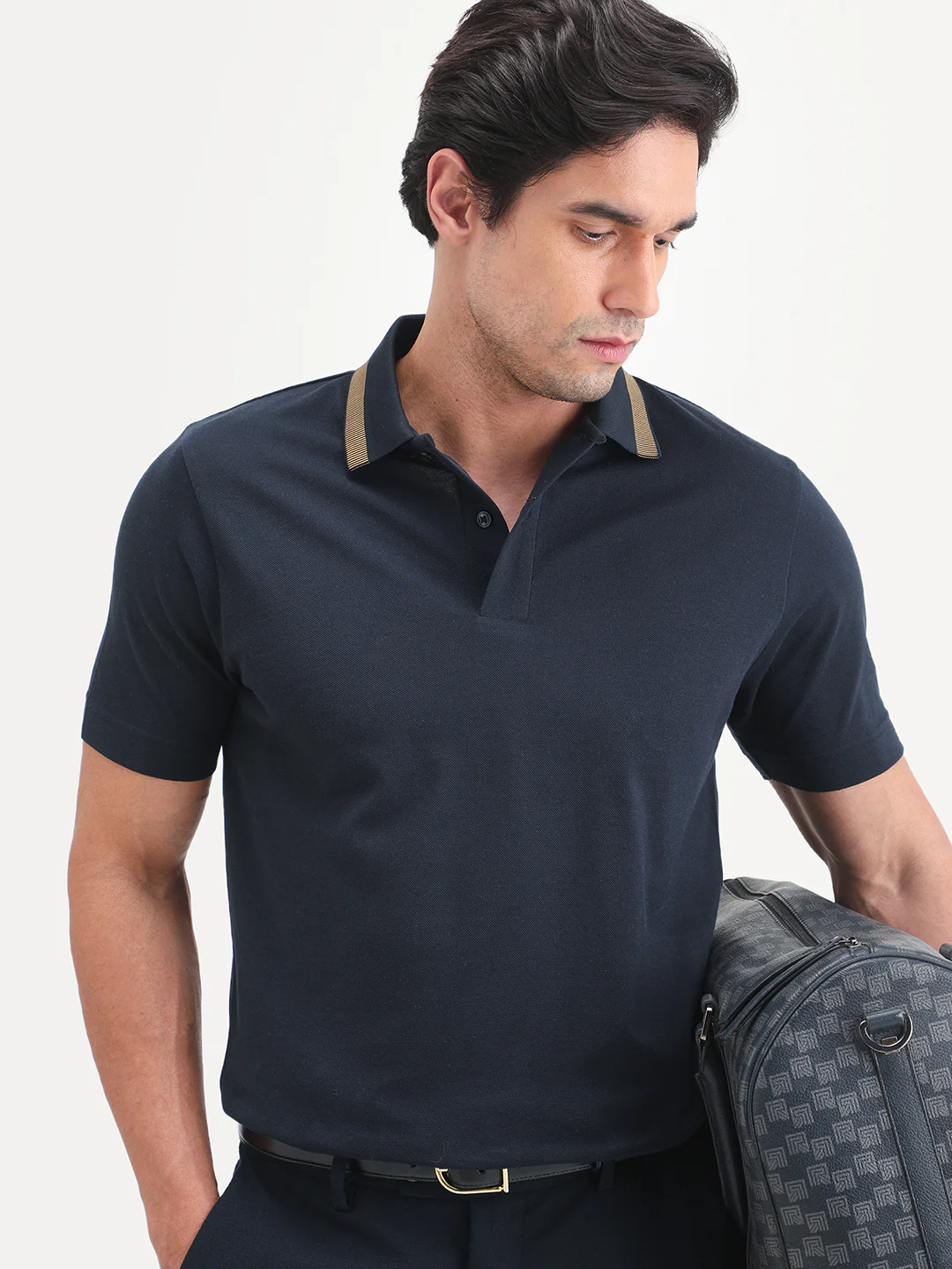 Rare Rabbit Men's Flint Dark Navy Cotton Fabric Half Sleeve Spread Collar Regular Fit Plain Polo