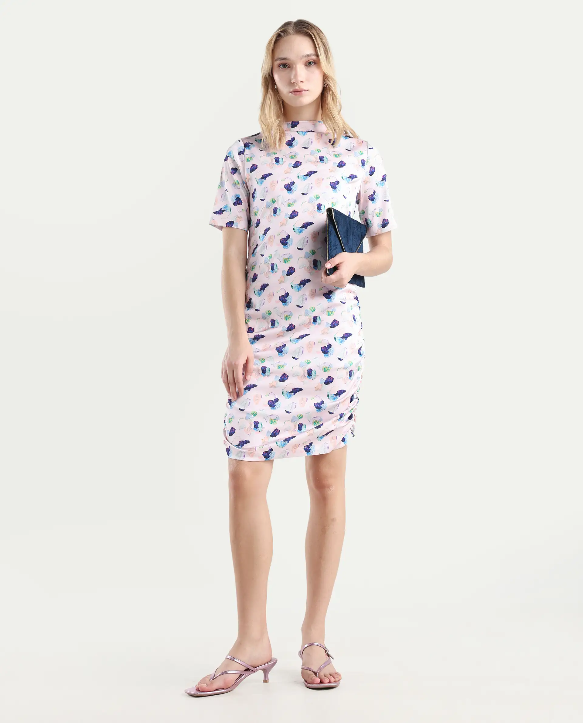 Rareism Women's Flirty Pink Modal High Neck Abstract Print Knee Length Regular Fit Dress