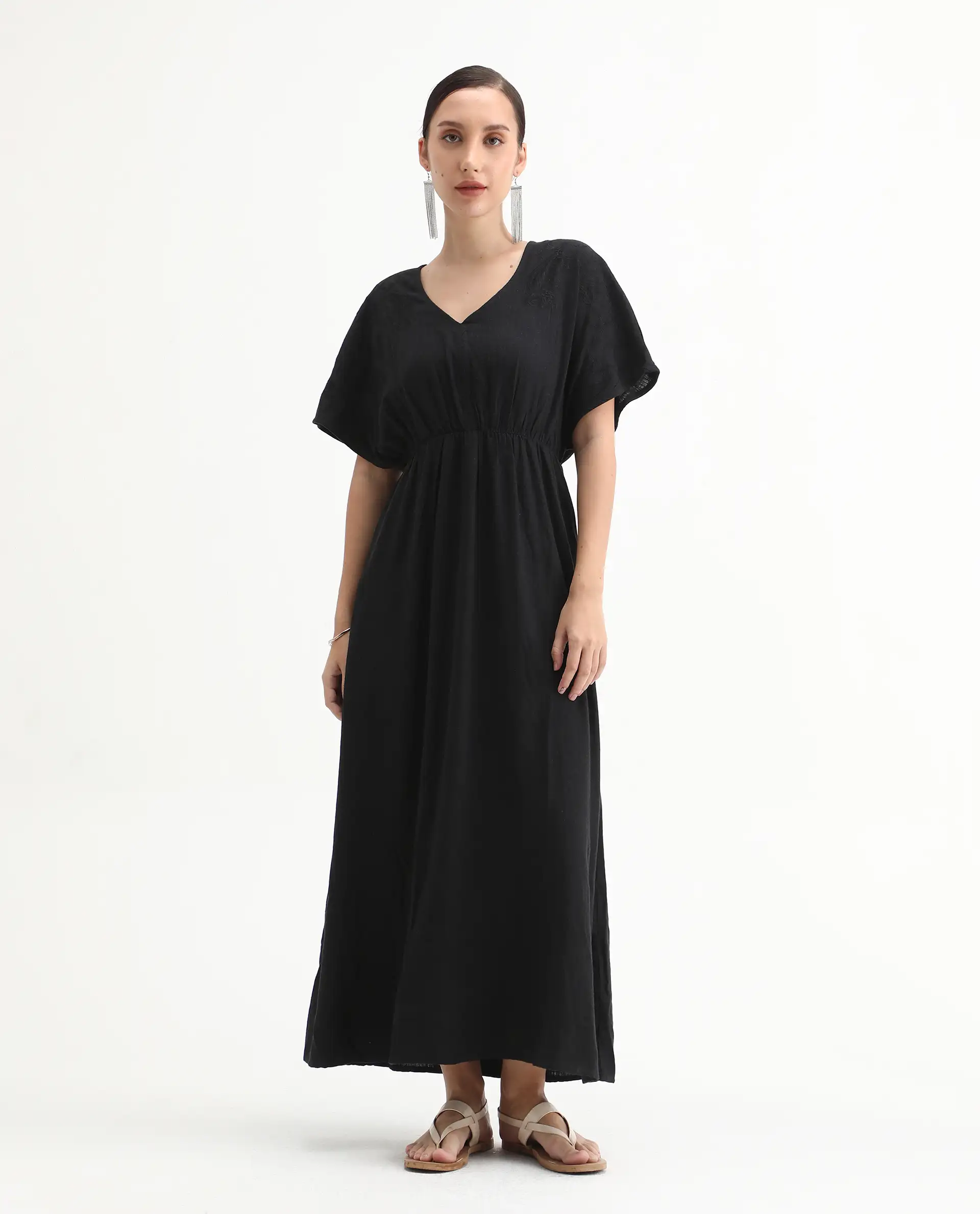 Rareism Women's Flynn Light Black Cotton Blend V-Neck Plain Extended Sleeves Maxi Fit And Flare Dress