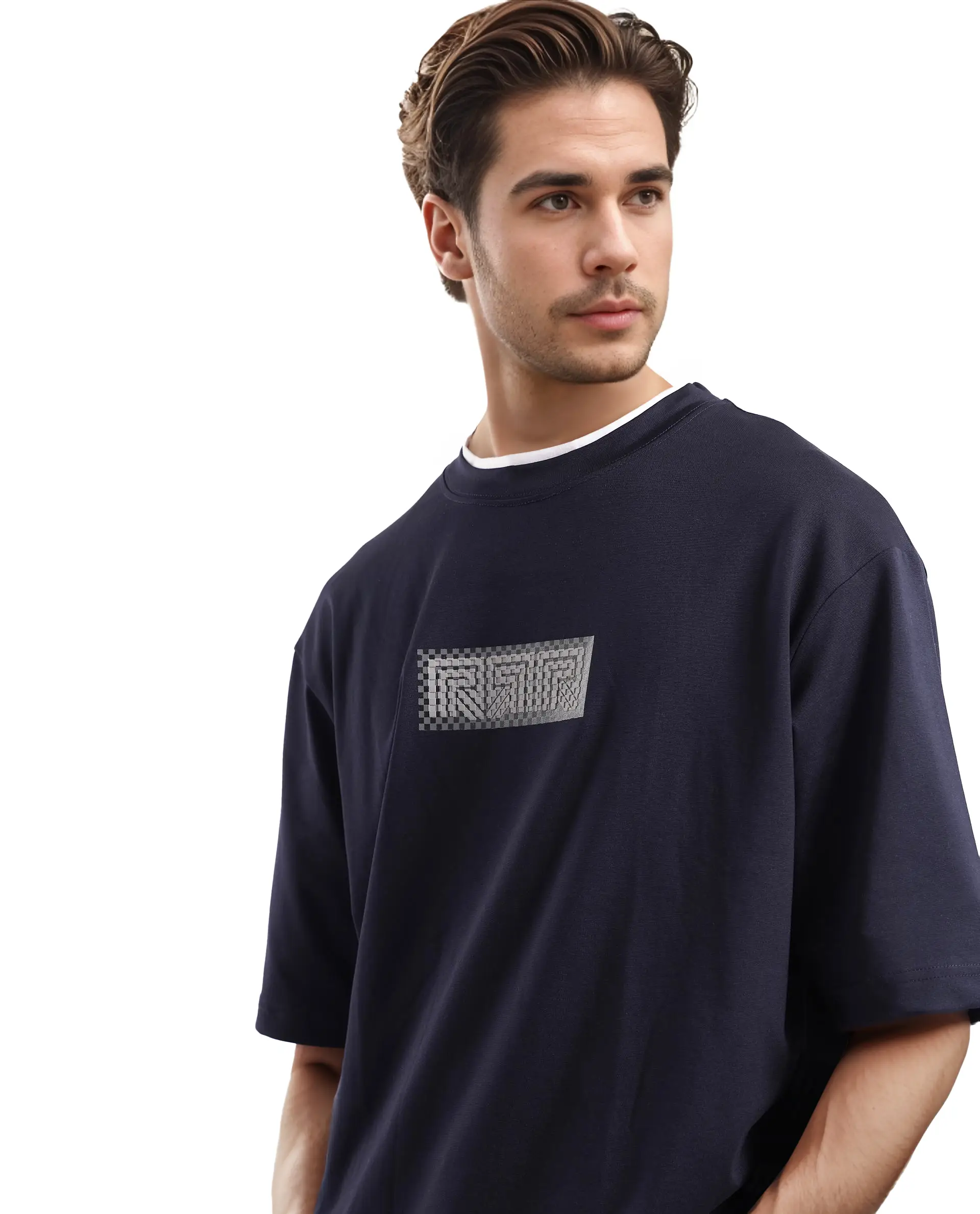 Rare Rabbit Men's Fobo Navy Cotton Blend Monogram Print Regular Fit Half Sleeve Crew Neck T-Shirt - Image 3