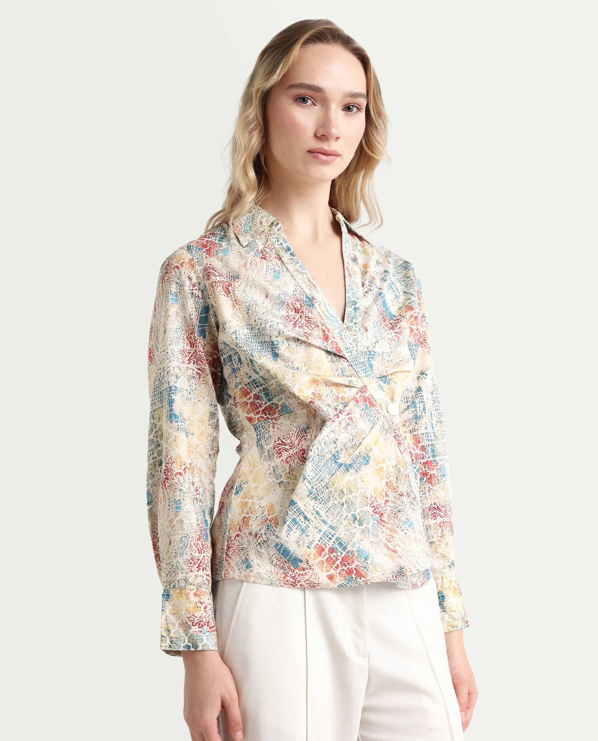 Rareism Women's Foggia Light Multi Cotton Blend Johnny Collar Abstract Print Regular Fit Top - Image 7