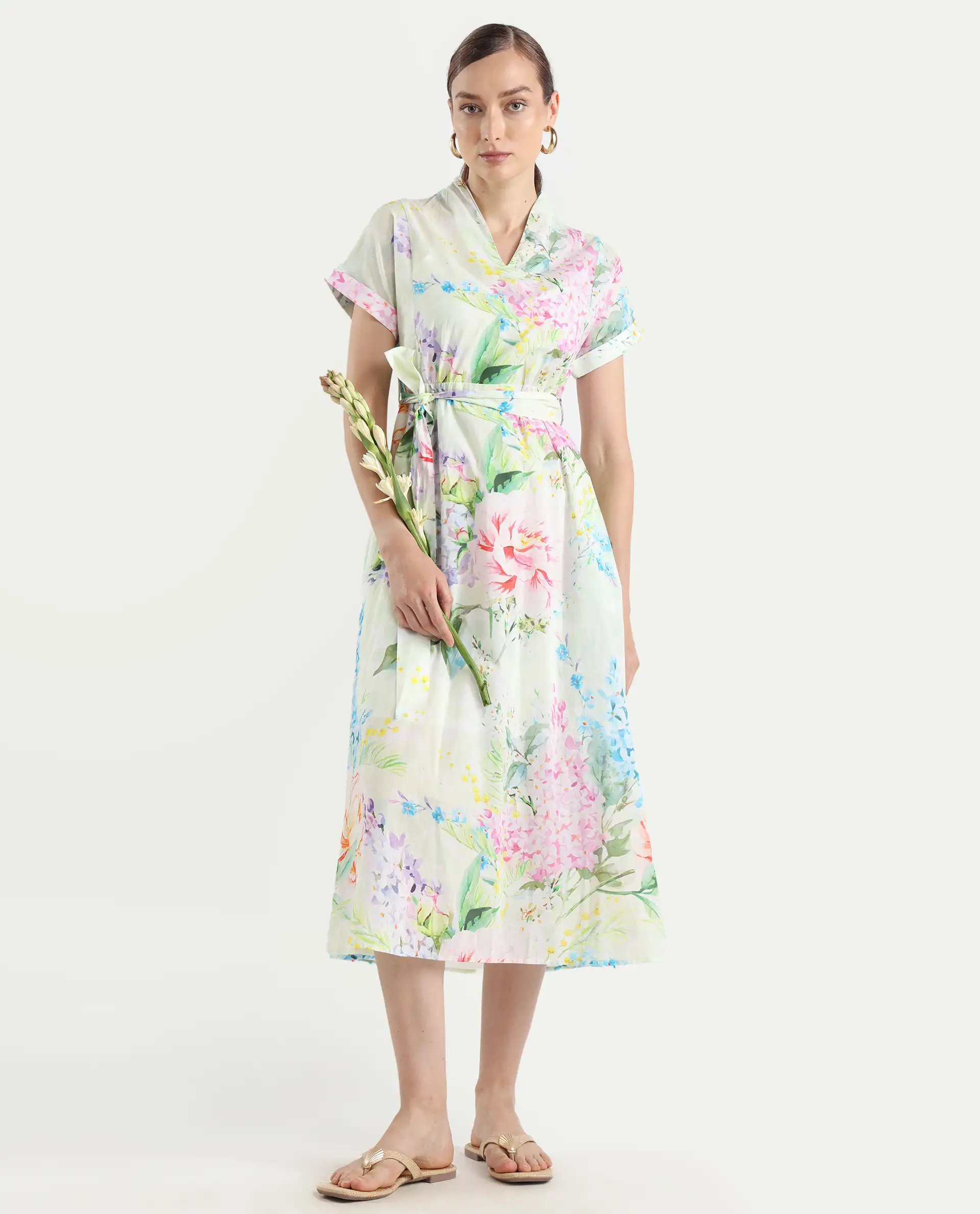 Rareism Women's Fona Multi Cotton V-Neck Floral Print Extended Sleeves Midi A-Line Dress