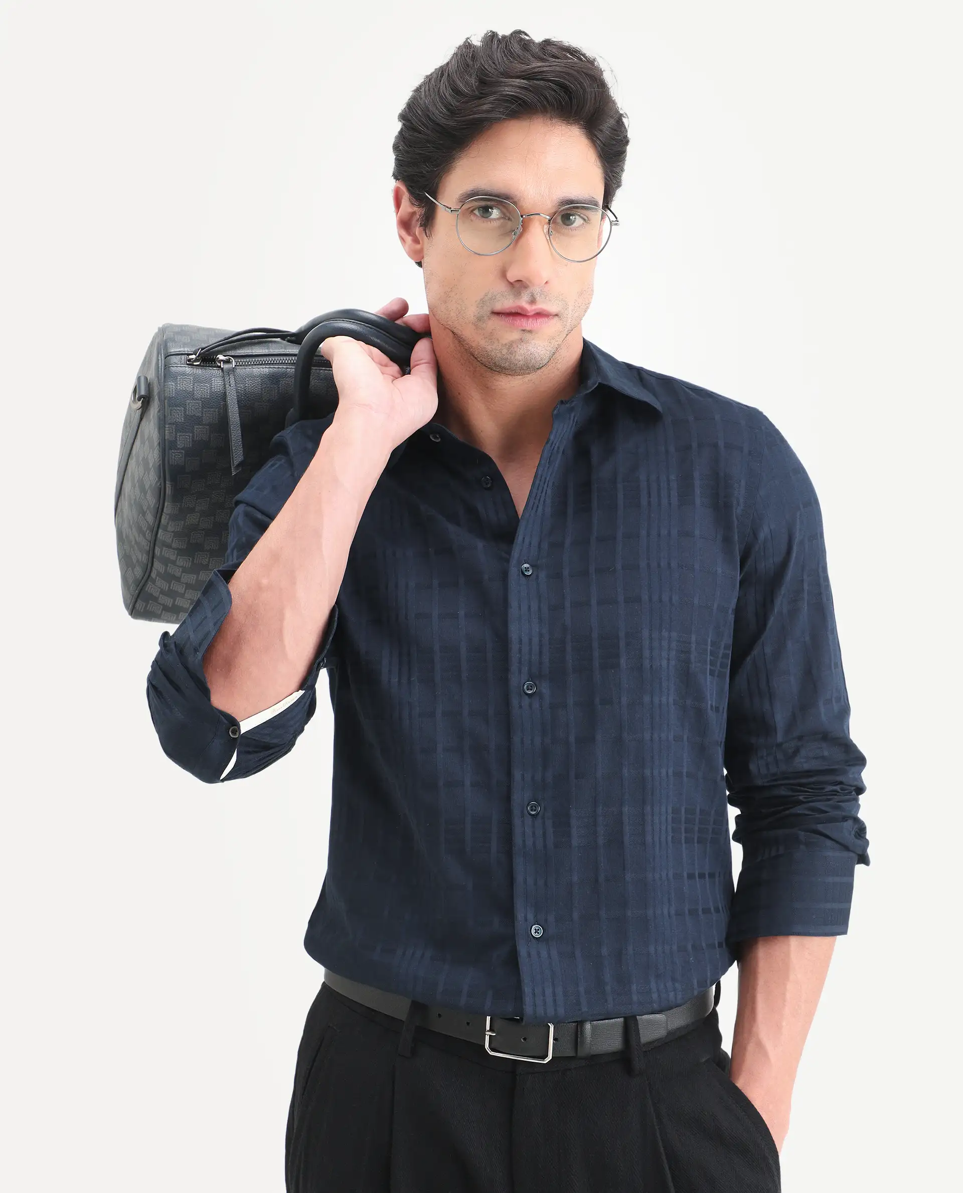 Rare Rabbit Men's Ford Navy Cotton Fabric Full Sleeve Spread Collar Regular Fit Checked Shirt