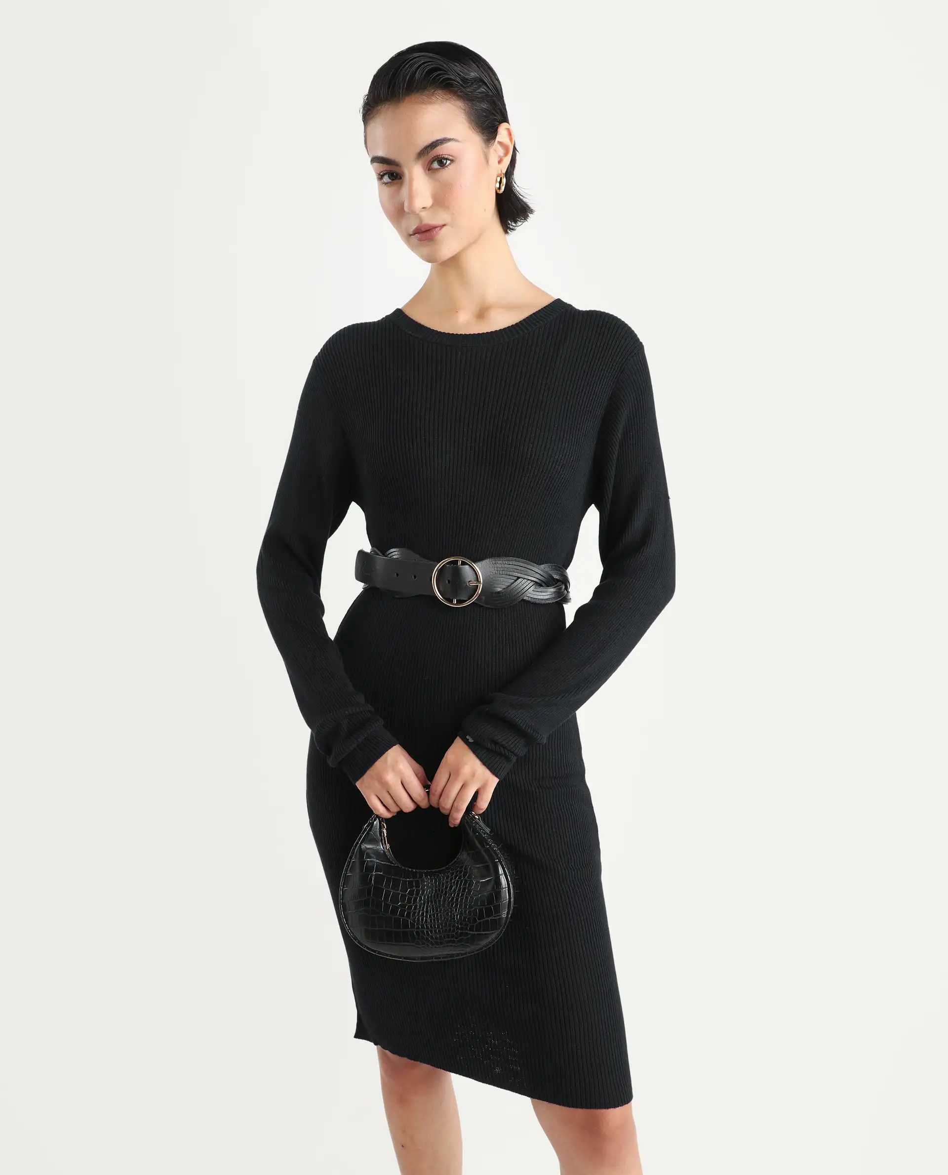 Rareism Women's Franccois Black Viscose Boat Neck Plain Knee Length Regular Fit Sweater