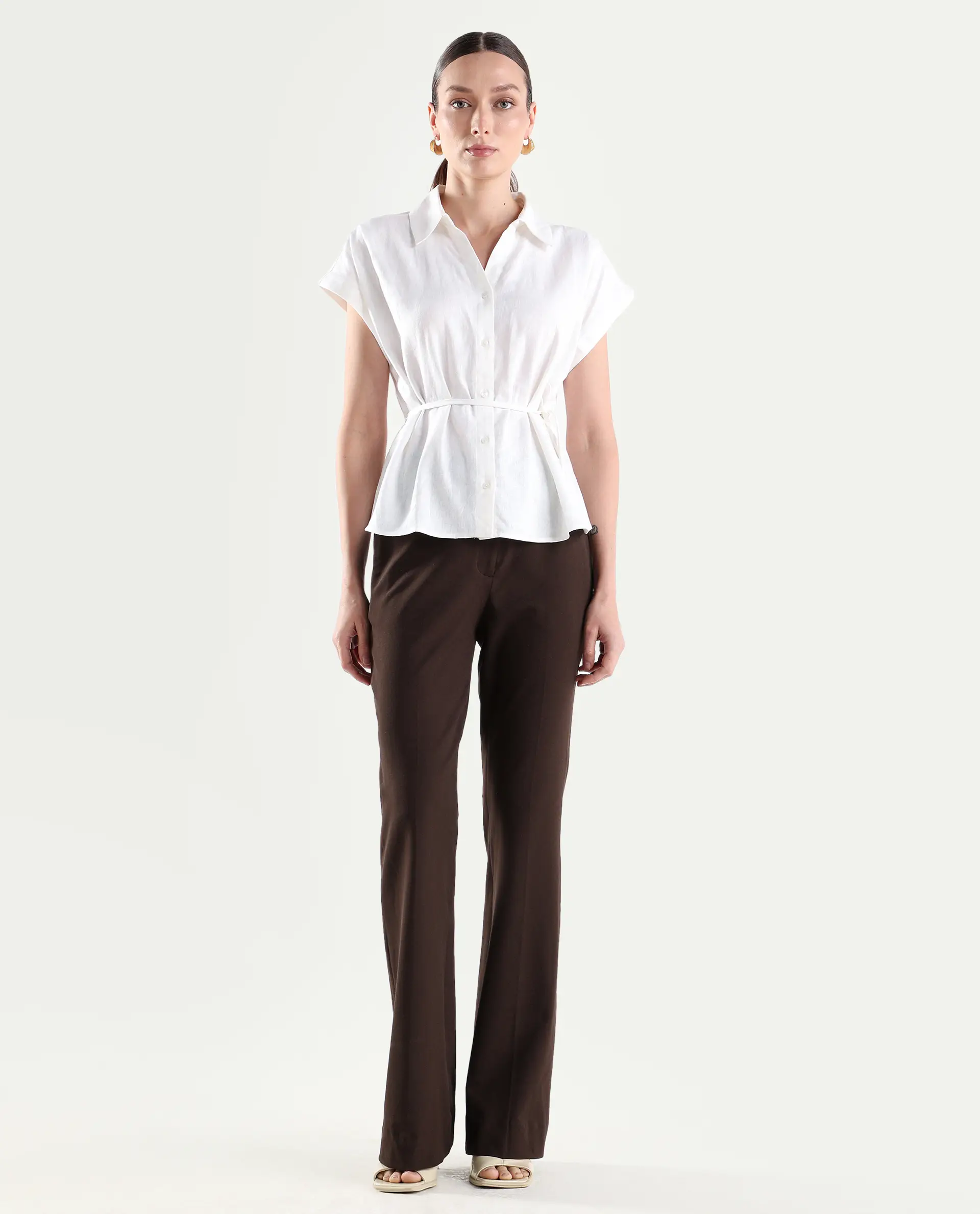 Rareism Women's Frare Brown Viscose Fabric Bootcut Plain Trouser
