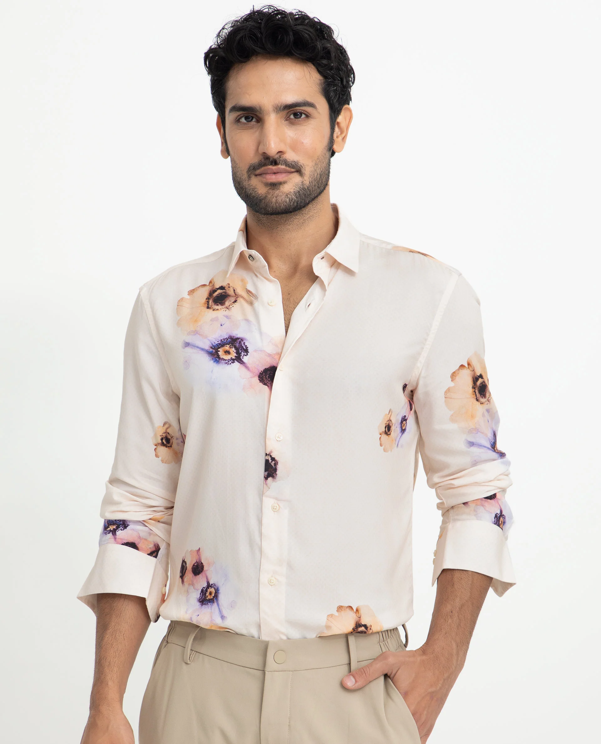 Rare Rabbit Men's French Off White Viscose Floral Print Regular Fit Full Sleeve Collared Shirt