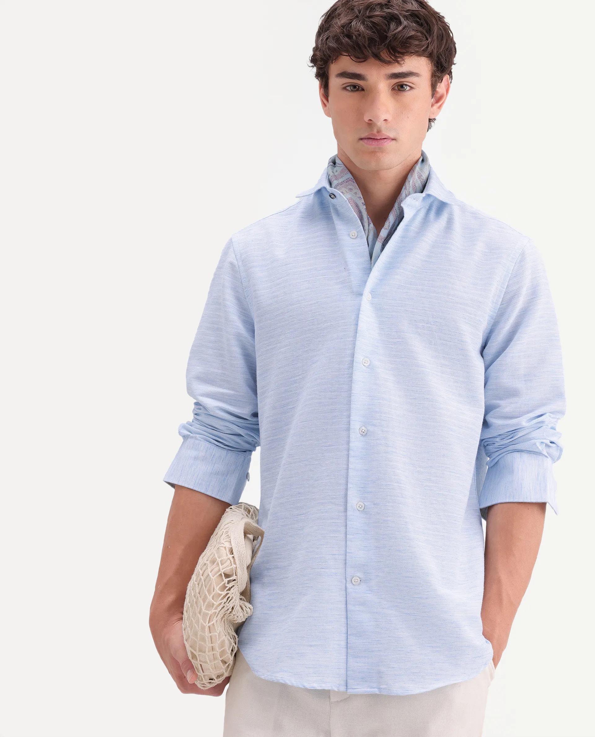 Rare Rabbit Men's Frit Blue Cotton Blend Fabric Full Sleeve Regular Fit Textured Shirt