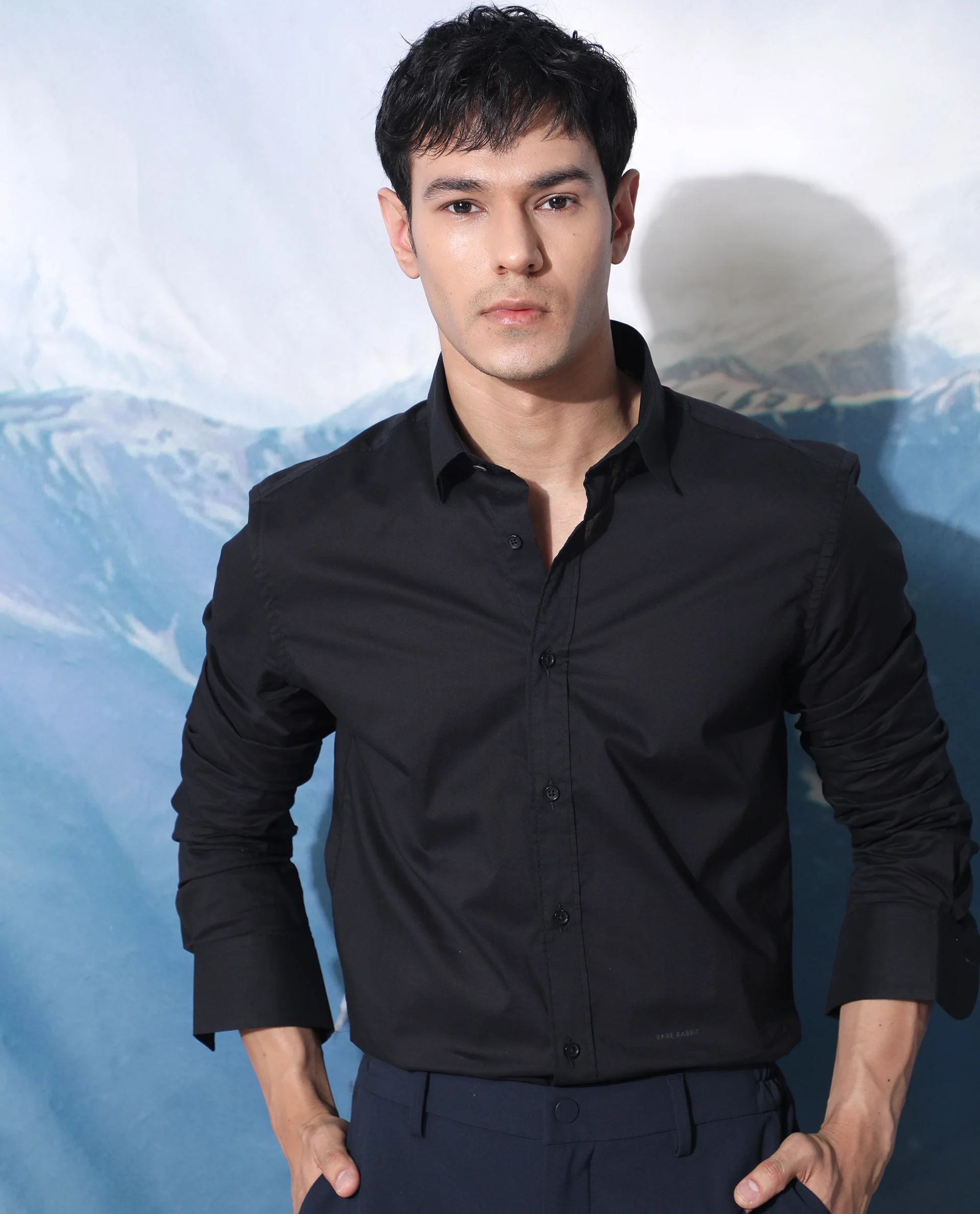 Rare Rabbit Men's Fullslee- Black Cotton Plain Tailored Fit Full Sleeve Spread Collar Shirt