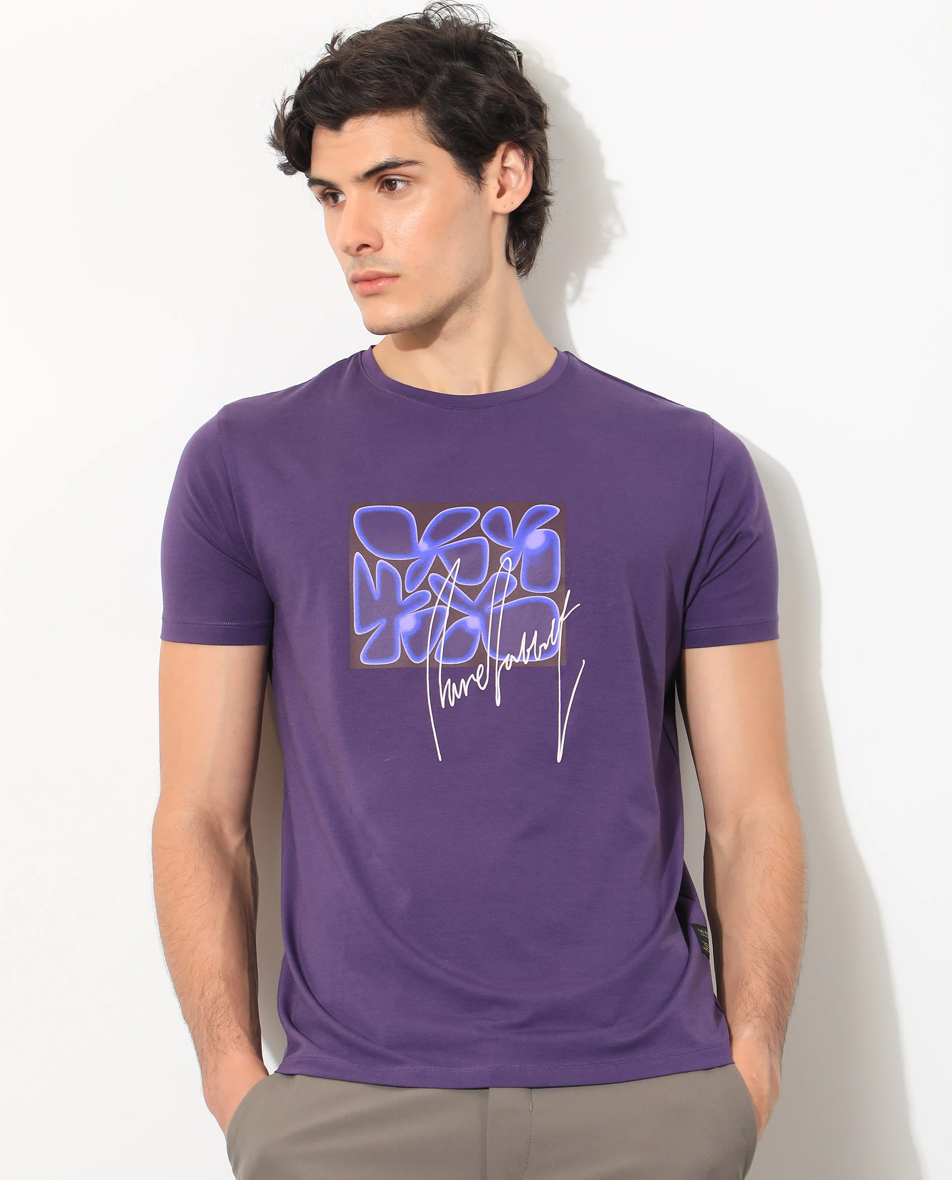 Rare Rabbit Men's Fulton Purple Cotton Graphic Print Slim Fit Half Sleeve Crew Neck T-Shirt