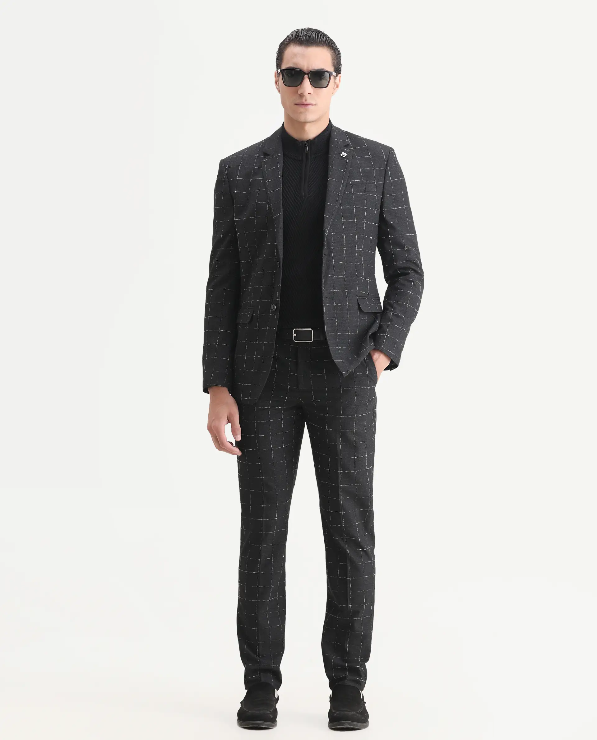 Rare Rabbit Men's Gabler Black Polyester Checked Print Tailored Fit Full Sleeve Lapel Neck Suits