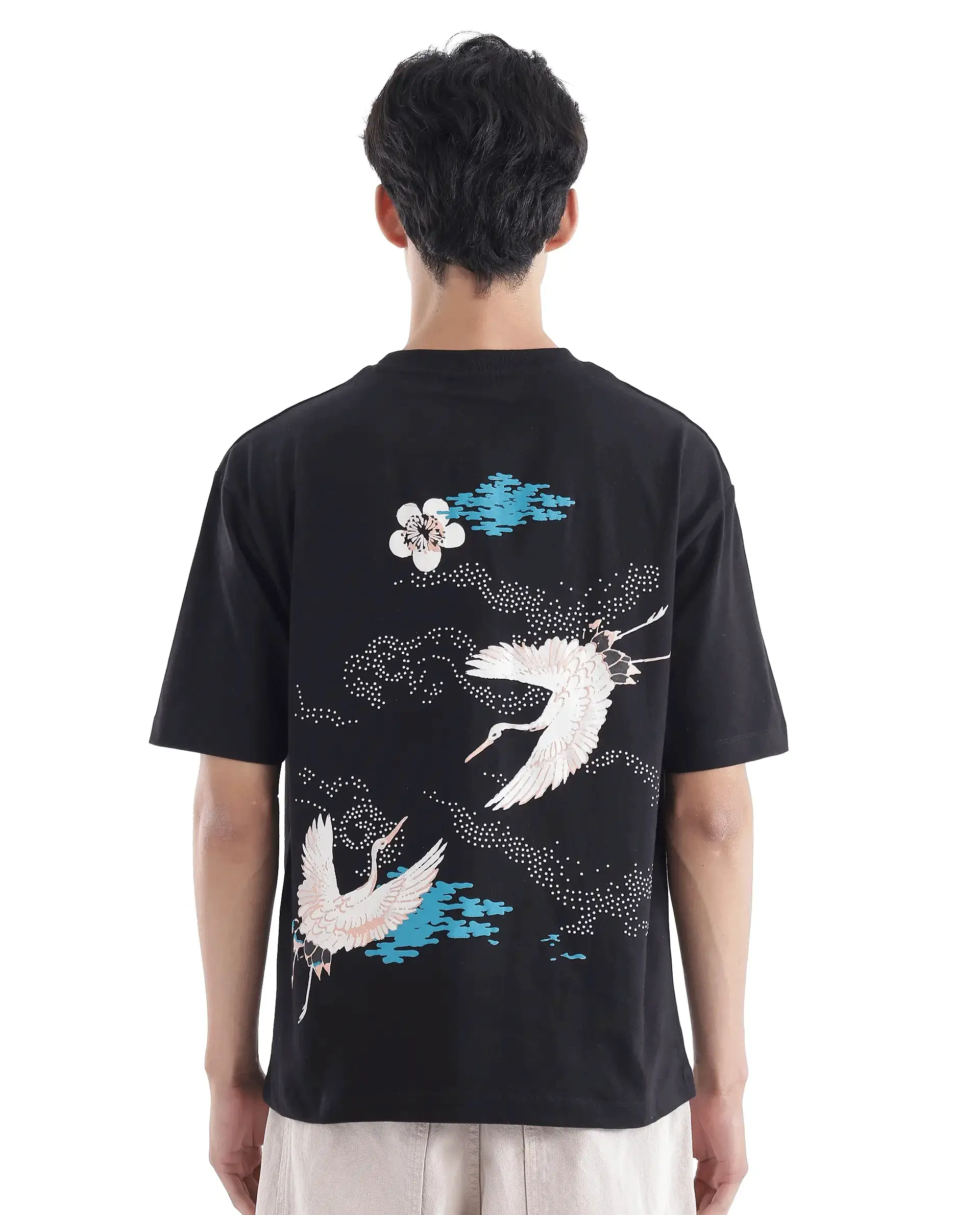 Rare Rabbit Men's Galle Black Cotton Graphic Print Oversized Fit Half Sleeve Crew Neck T-Shirt