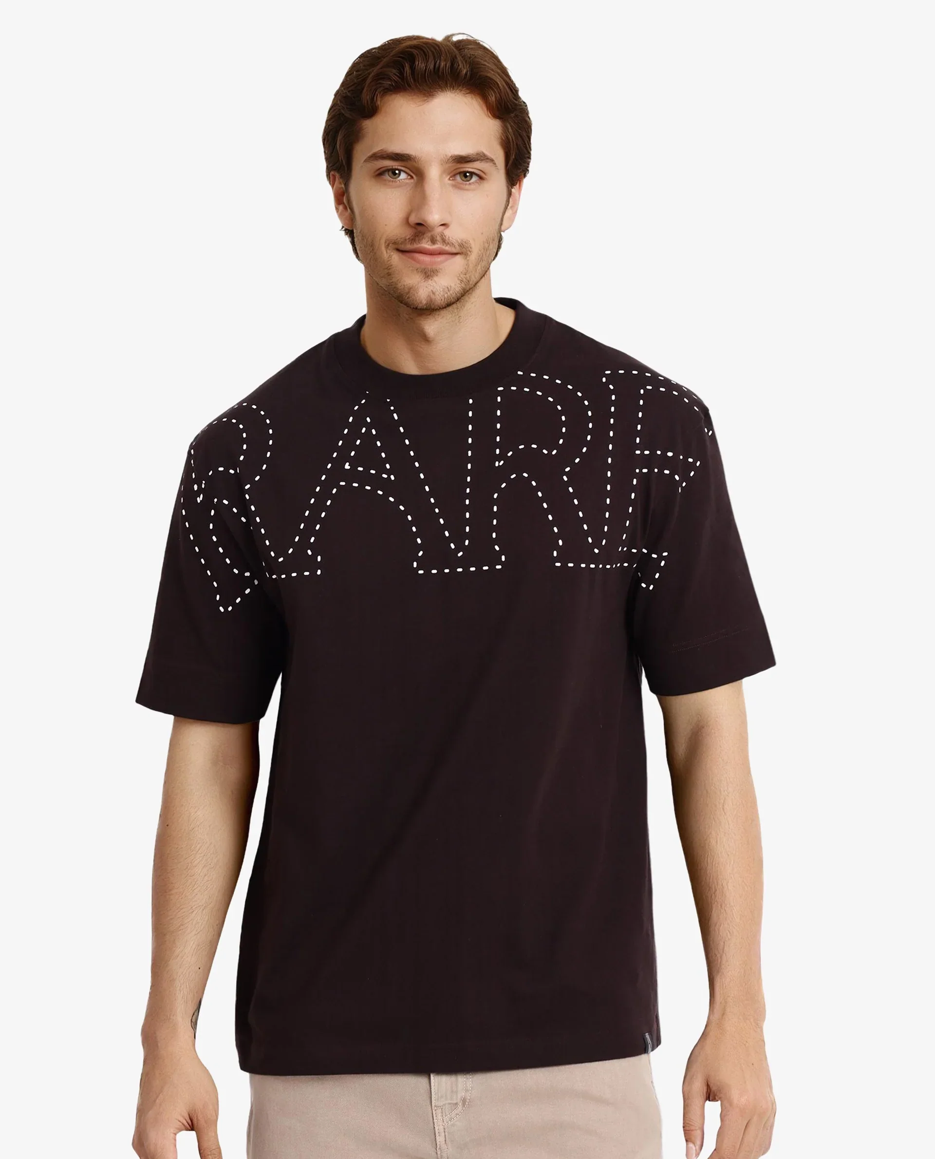 Rare Rabbit Men's Galloway Dark Brown Cotton Graphic Print Oversized Fit Half Sleeve Crew Neck T-Shirt