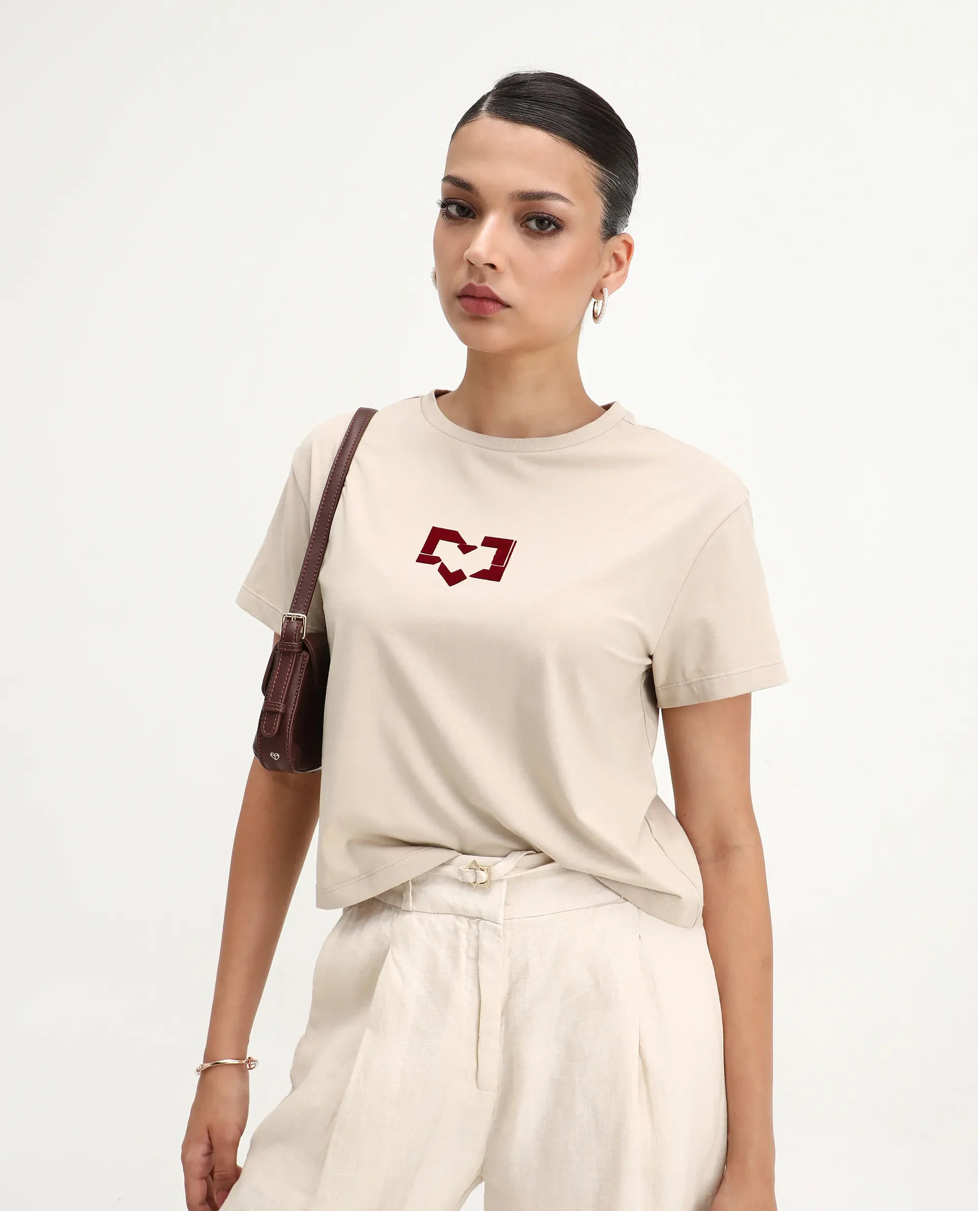 Rareism Women's Garn Beige Cotton Blend Crew Neck Regular Fit T-Shirt