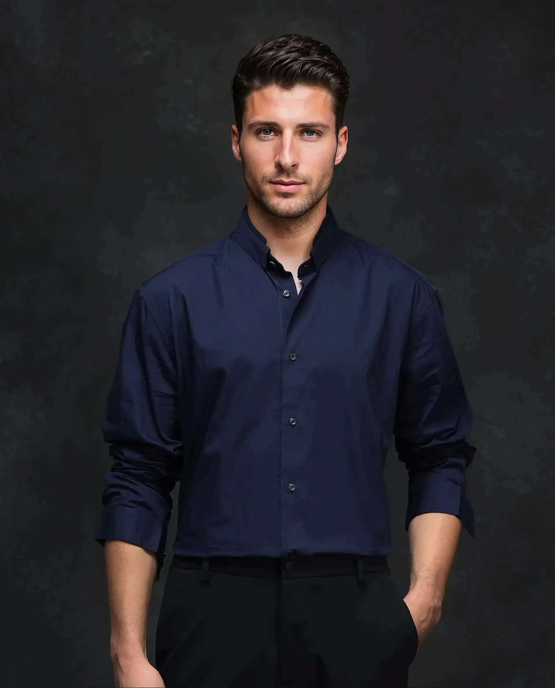 Rare Rabbit Men's Garry Navy Cotton Plain Relaxed Fit Full Sleeve Mandarin Collar Shirt