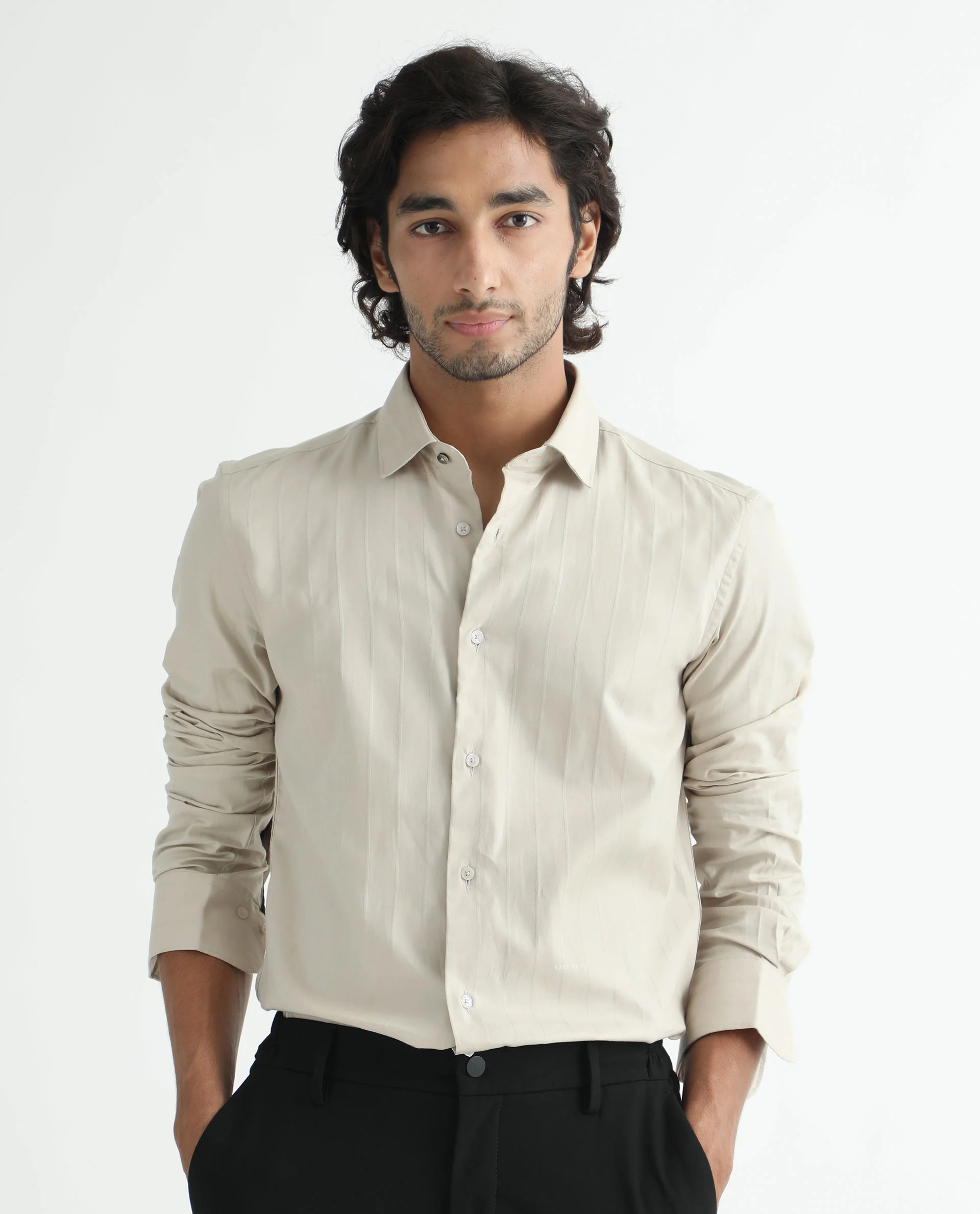 Rare Rabbit Men's Gazan Beige Cotton Striped Print Regular Fit Full Sleeve Collared Shirt