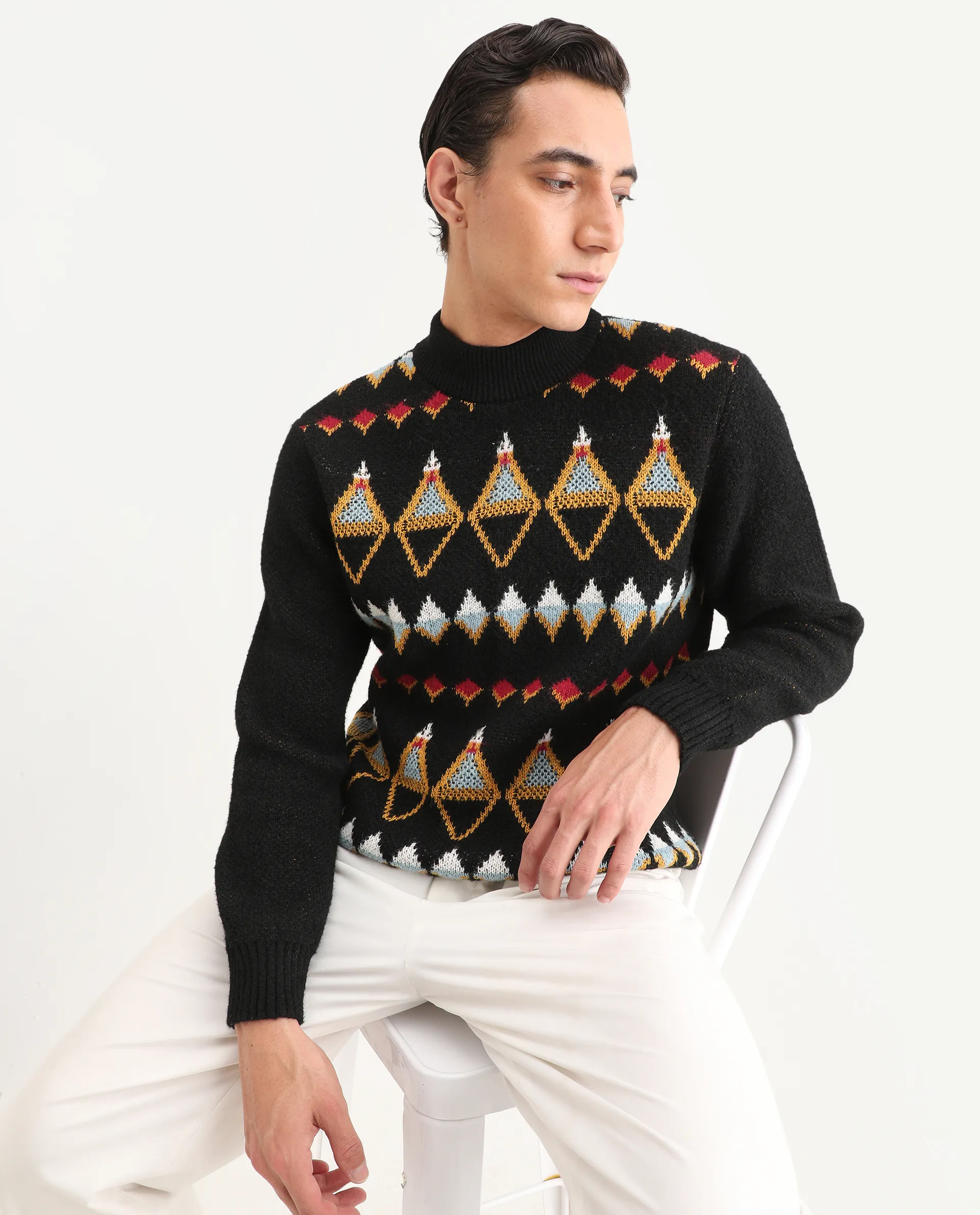 Rare Rabbit Men's Gaze Black Polyester Geometric Print Regular Fit Full Sleeve Crew Neck Sweater