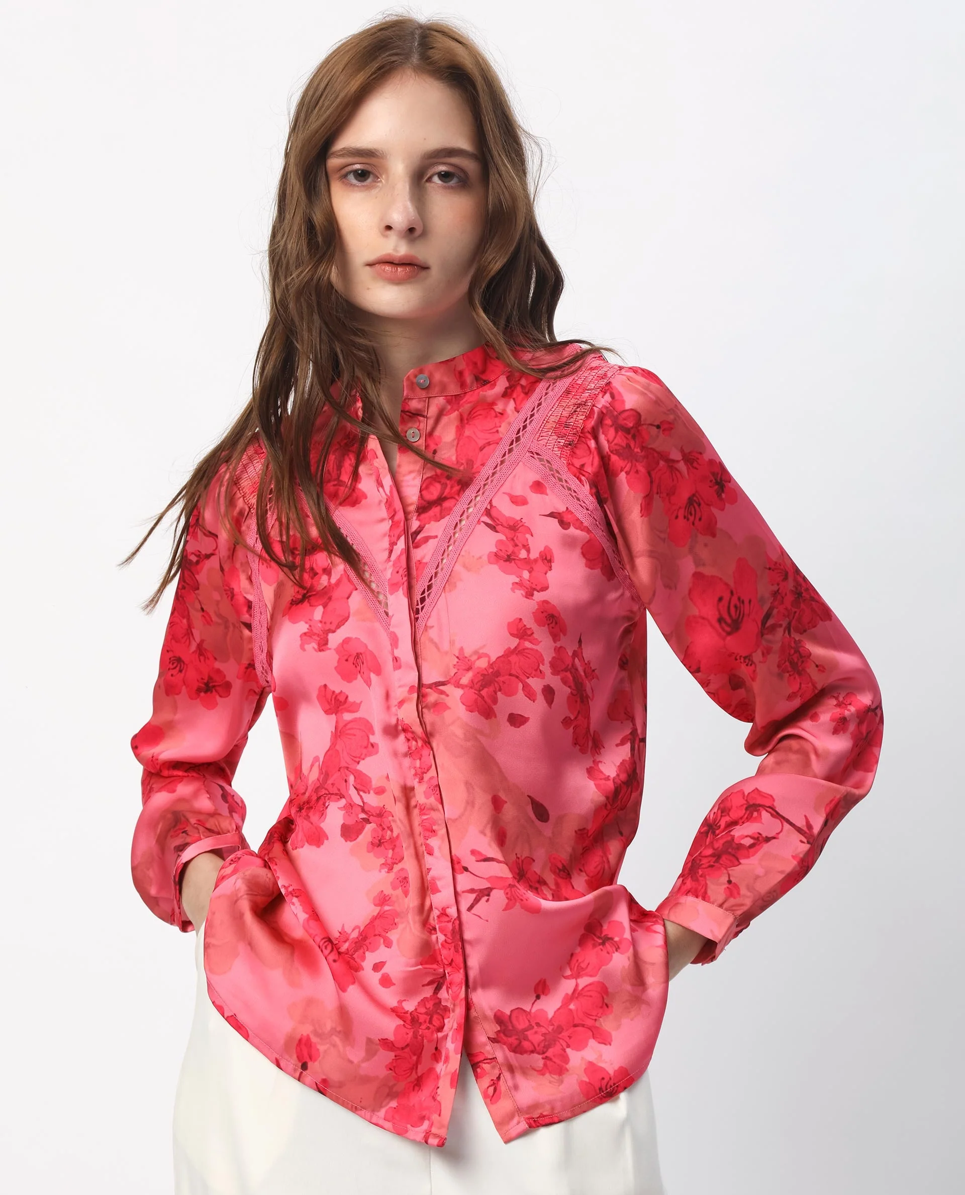 Rareism Women's Gelbs Pink Polyester Mandarin Collar Floral Print Knee Length Regular Fit Top