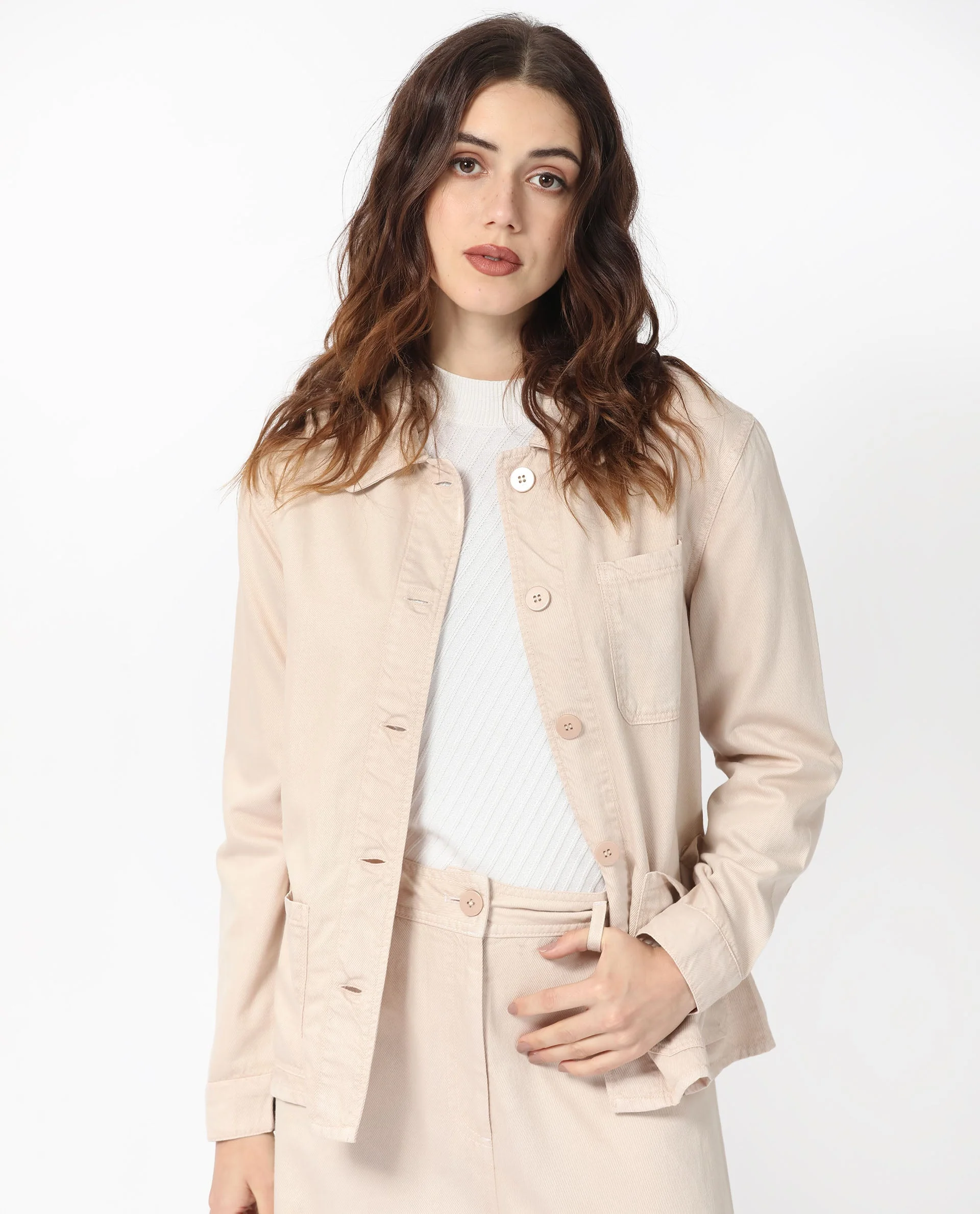 Rareism Women's Genesis Beige Tencel Spread Collar Plain Regular Fit Jacket
