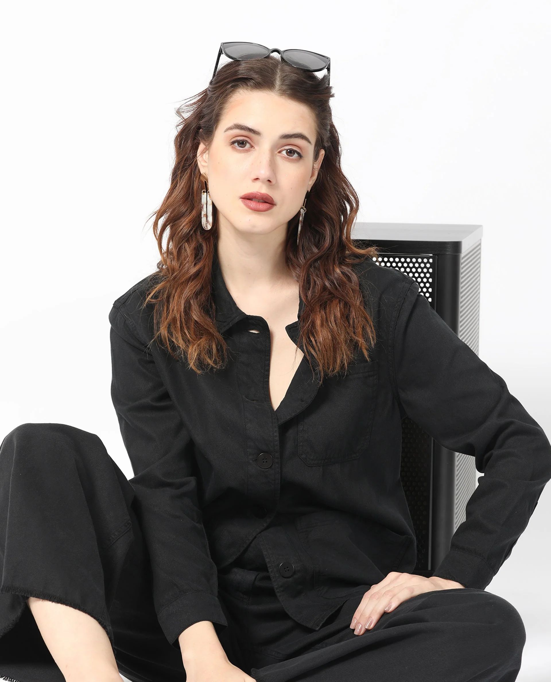 Rareism Women's Genesis Black Tencel Spread Collar Plain Regular Fit Jacket