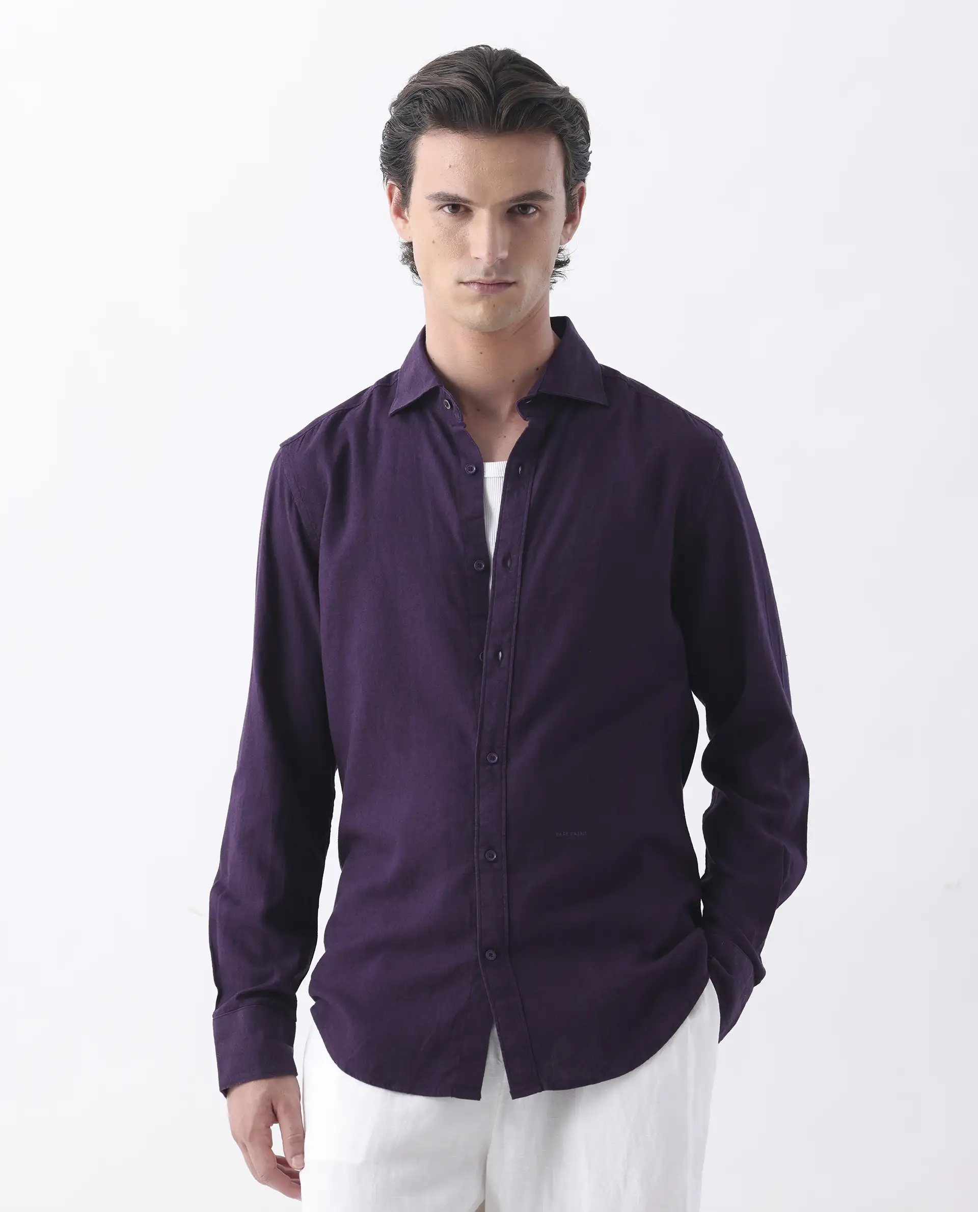 Rare Rabbit Men's Genova Purple 100% Linen Regular Fit Full Sleeve Spread Collar Shirt