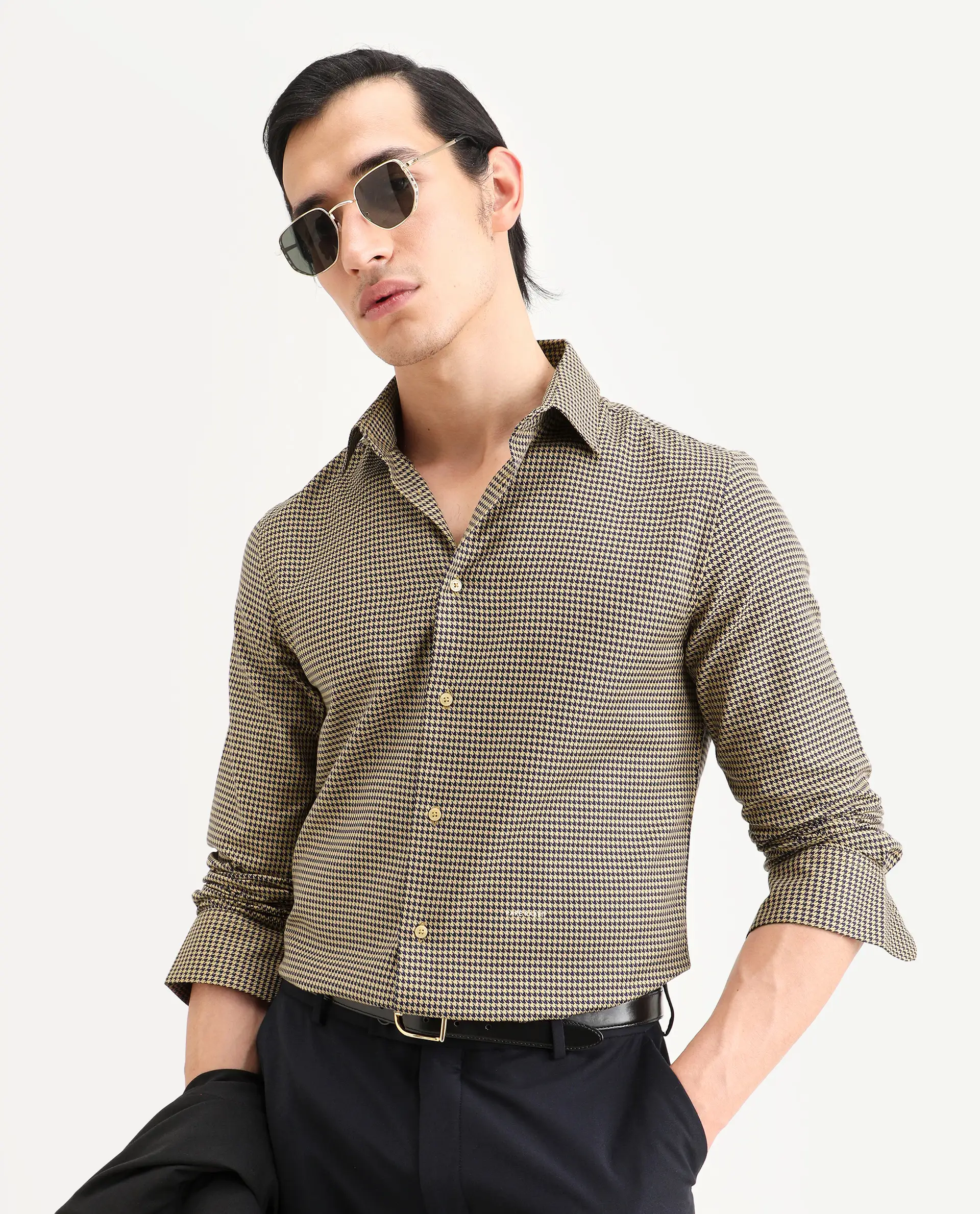 Rare Rabbit Men's Ghesto Light Beige Cotton Fabric Full Sleeve Spread Collar Regular Fit Checked Shirt