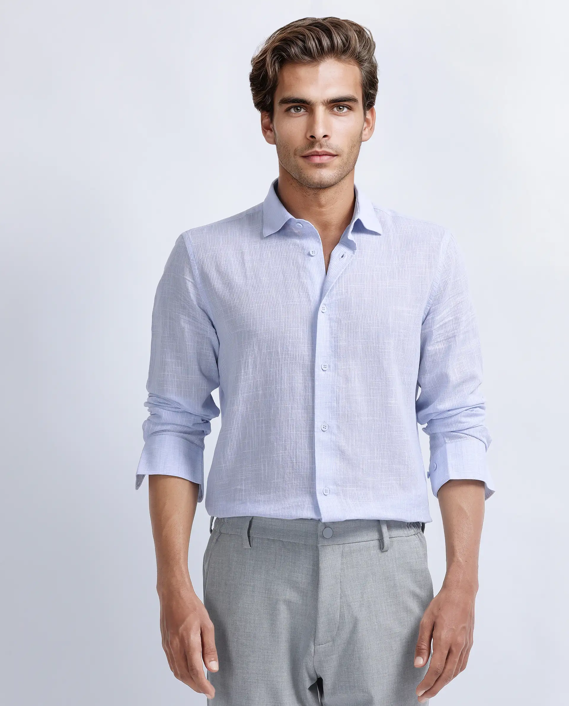 Rare Rabbit Men's Gico Pastel Blue Cotton Plain Regular Fit Full Sleeve Collared Shirt
