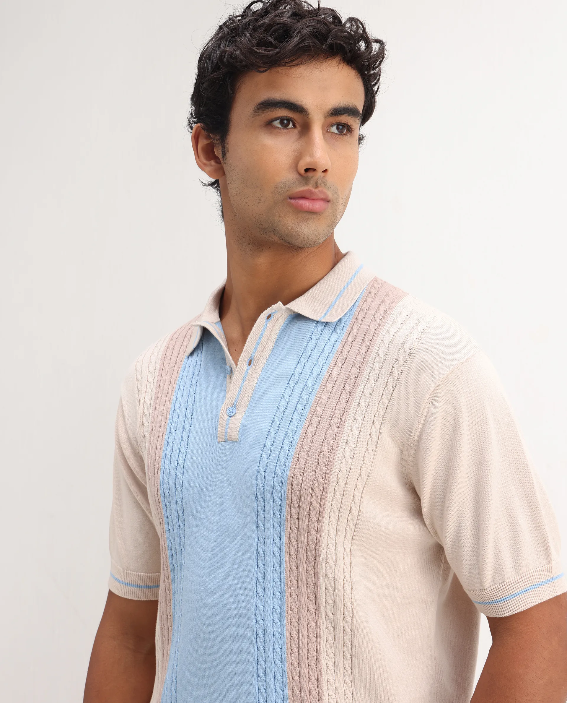 Rare Rabbit Men's Giff Light Beige Cotton Textured Regular Fit Half Sleeve Polo