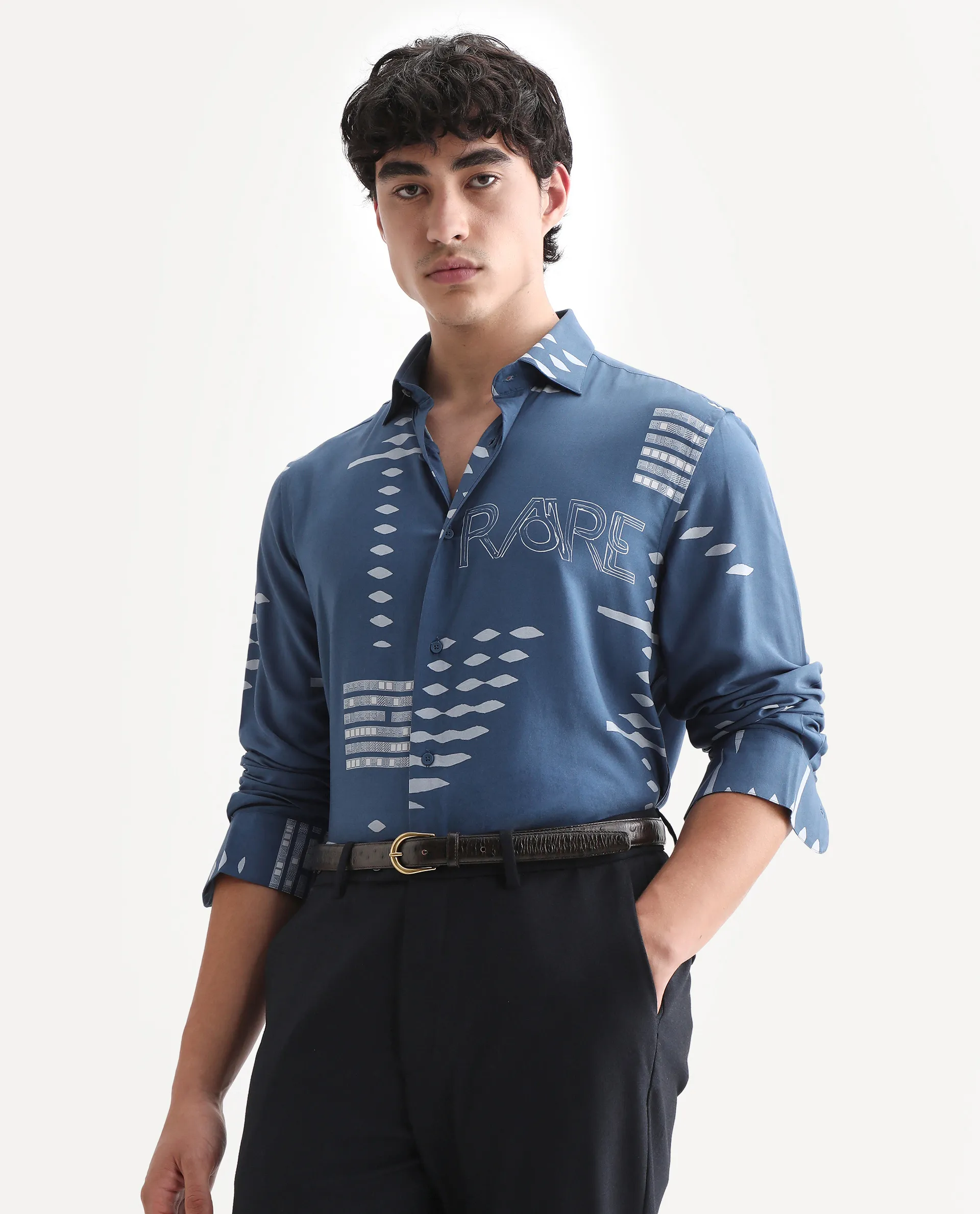 Rare Rabbit Men's Gigano-Ls Dusky Blue Tencel Blend Digital Print Regular Fit Full Sleeve Collared Shirt