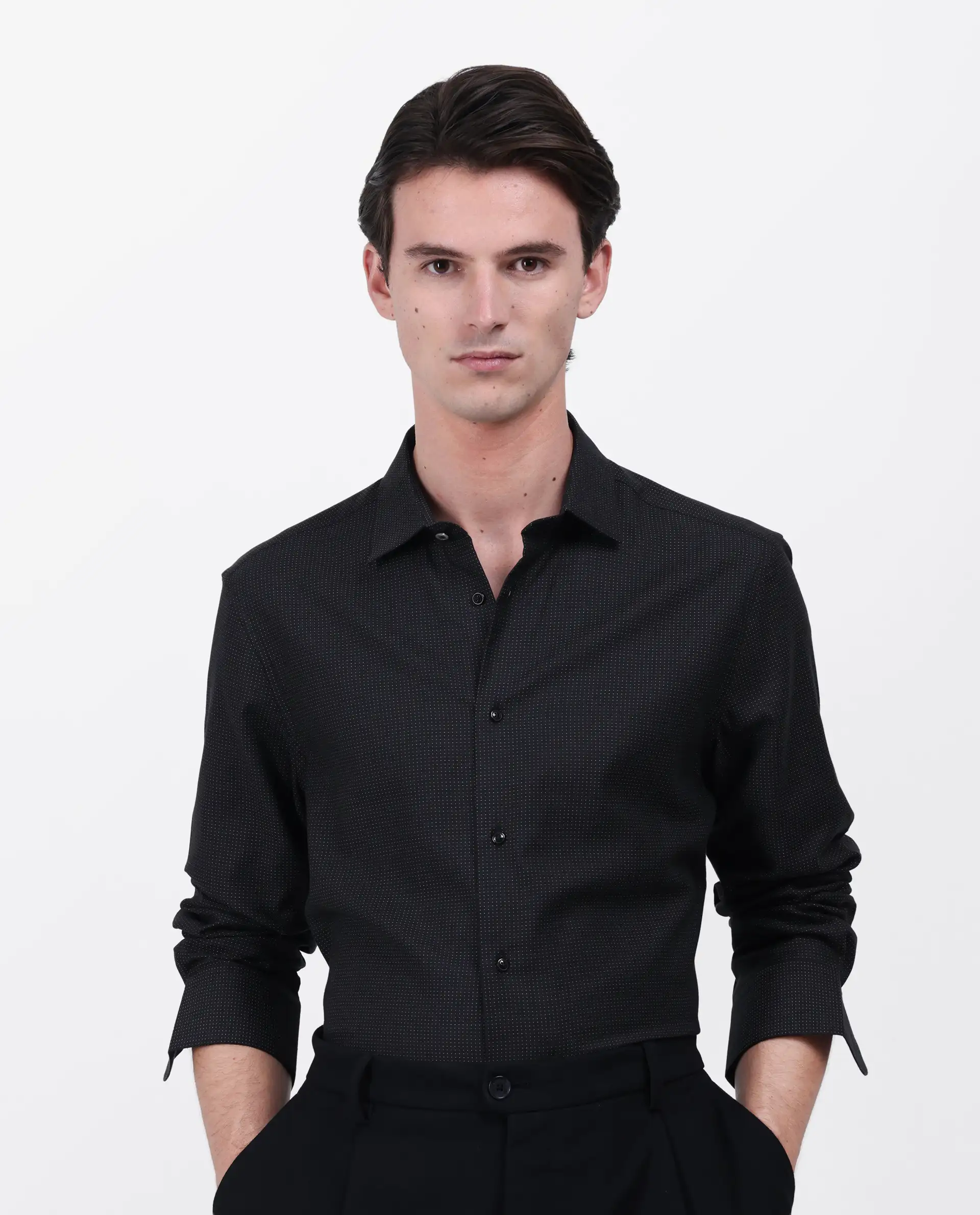 Rare Rabbit Men's Gilk Black Viscose Blend Polka Print Regular Fit Full Sleeve Collared Shirt