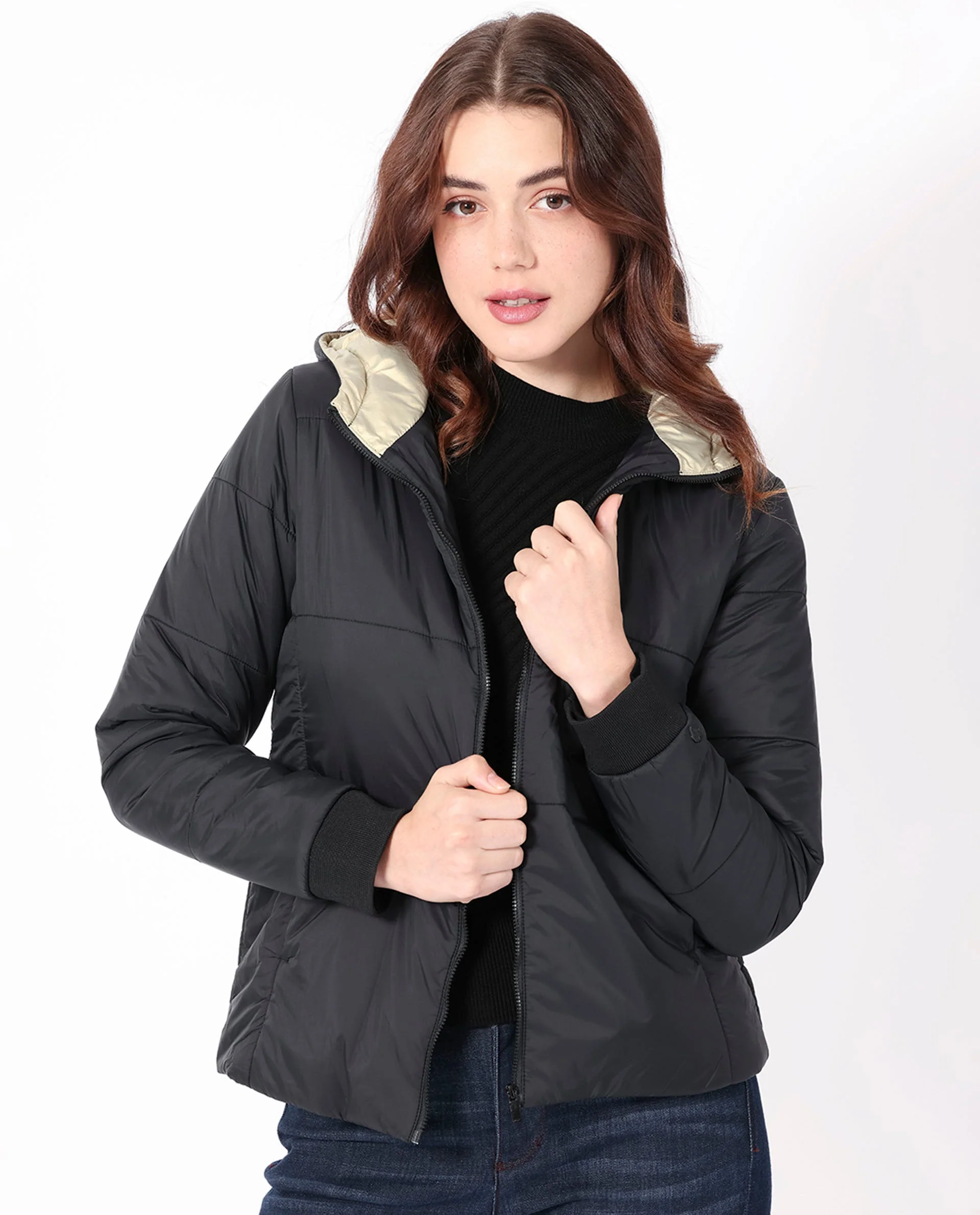 Rareism Women's Glasha Hls Black Polyester Hooded Plain Regular Fit Jacket