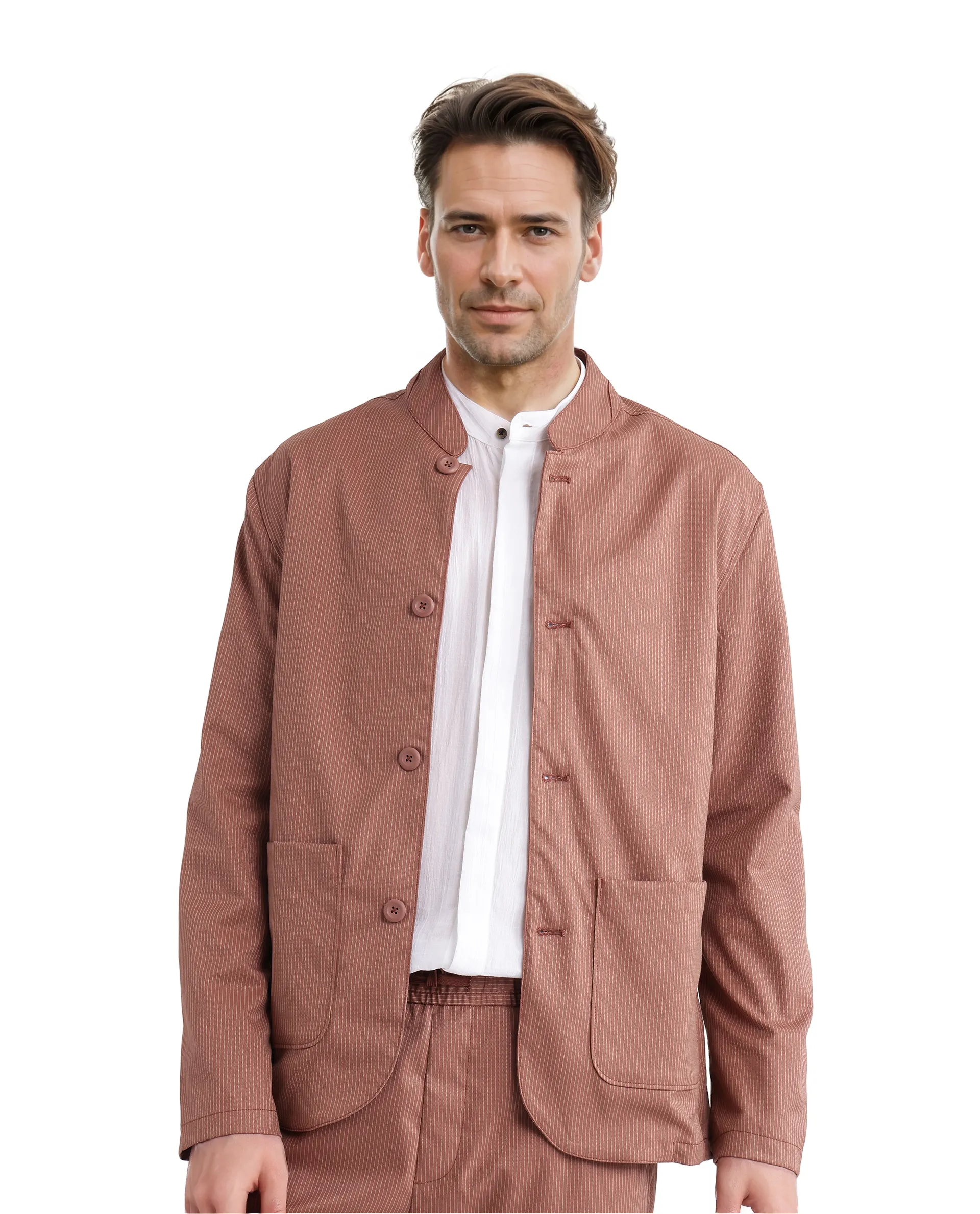 Rare Rabbit Men's Glewt Rust Striped Print Regular Fit Full Sleeve Spread Collar Jacket
